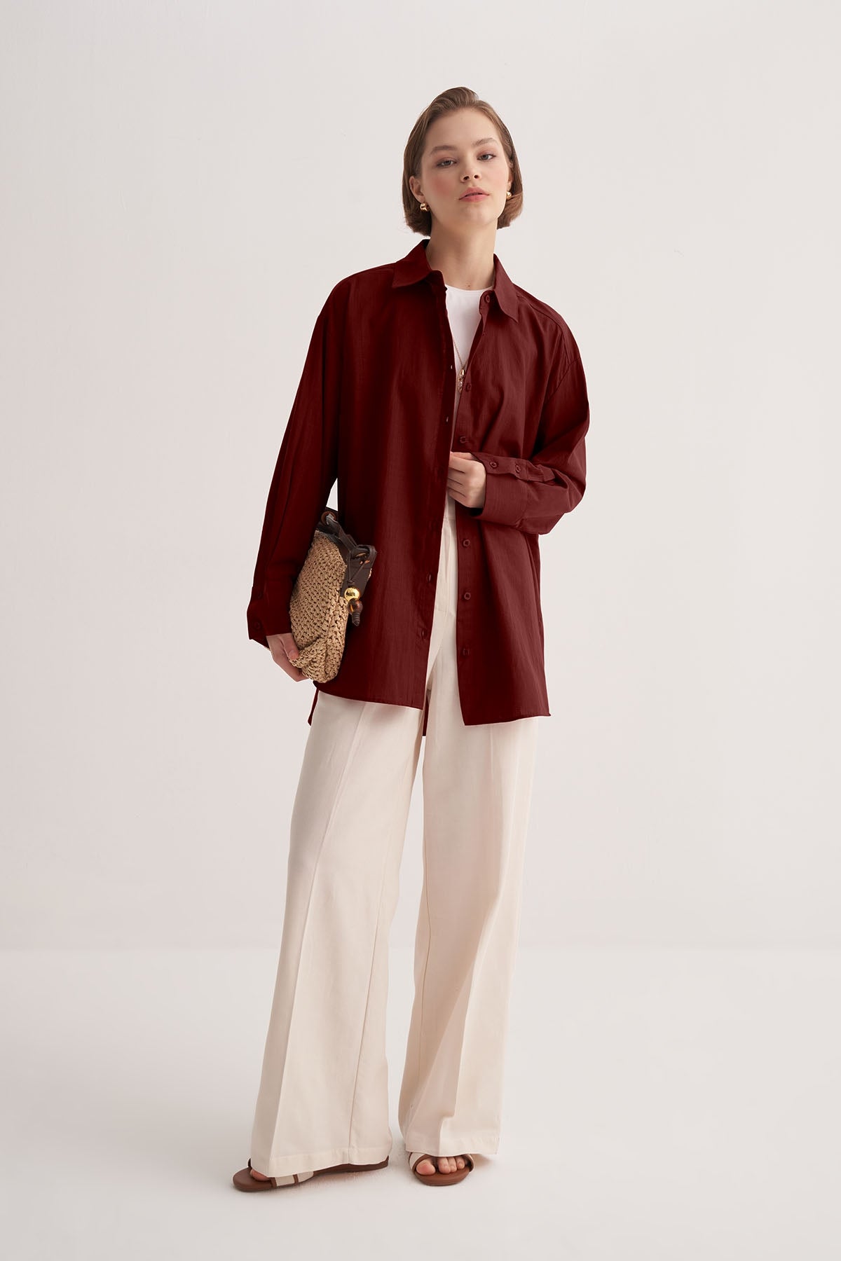 Kadın Organik Pamuklu Oversize Robalı Gömlek Bordo