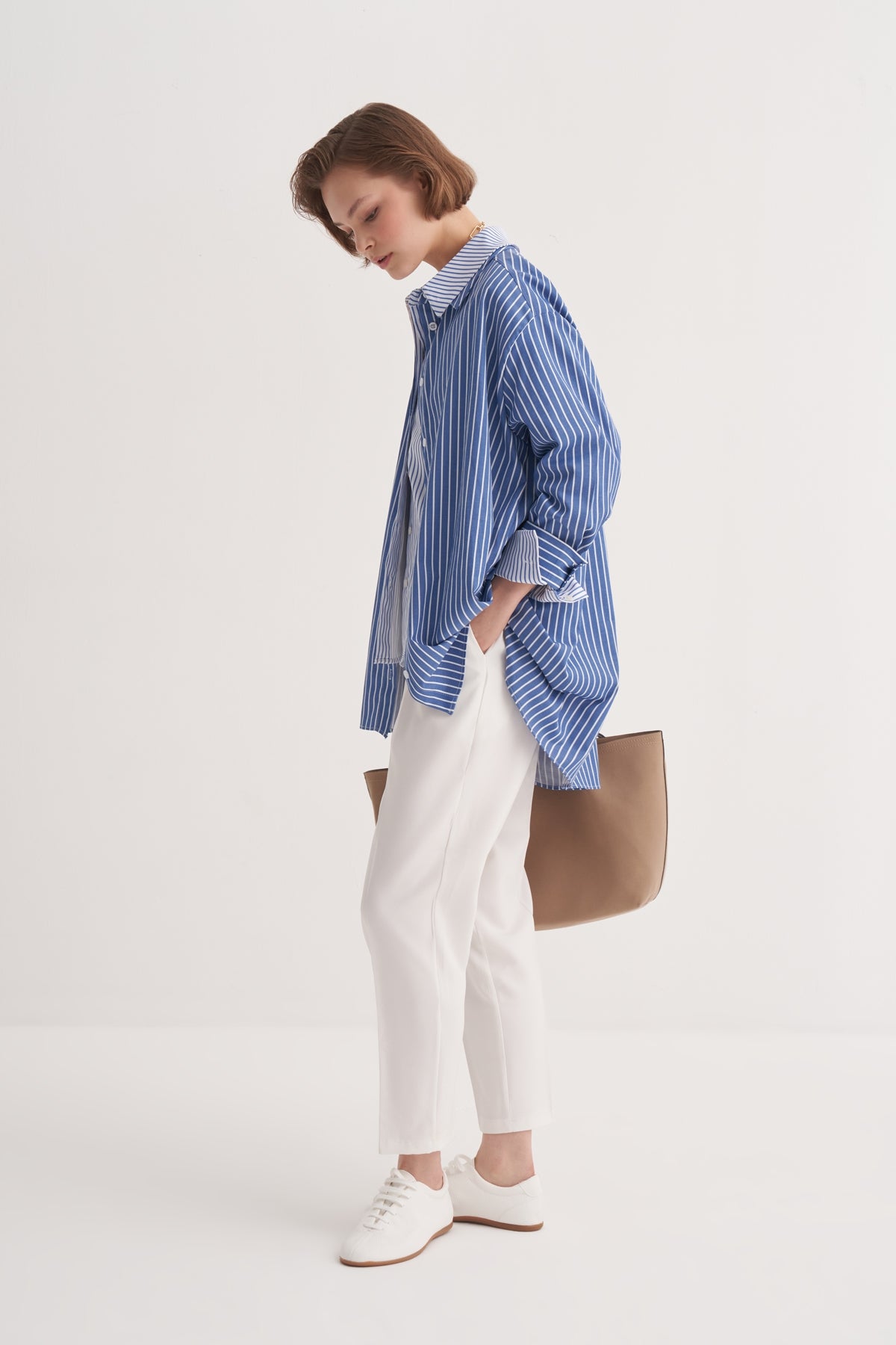 Kadın Poplin Oversize Robalı Gömlek Çizgili Lacivert