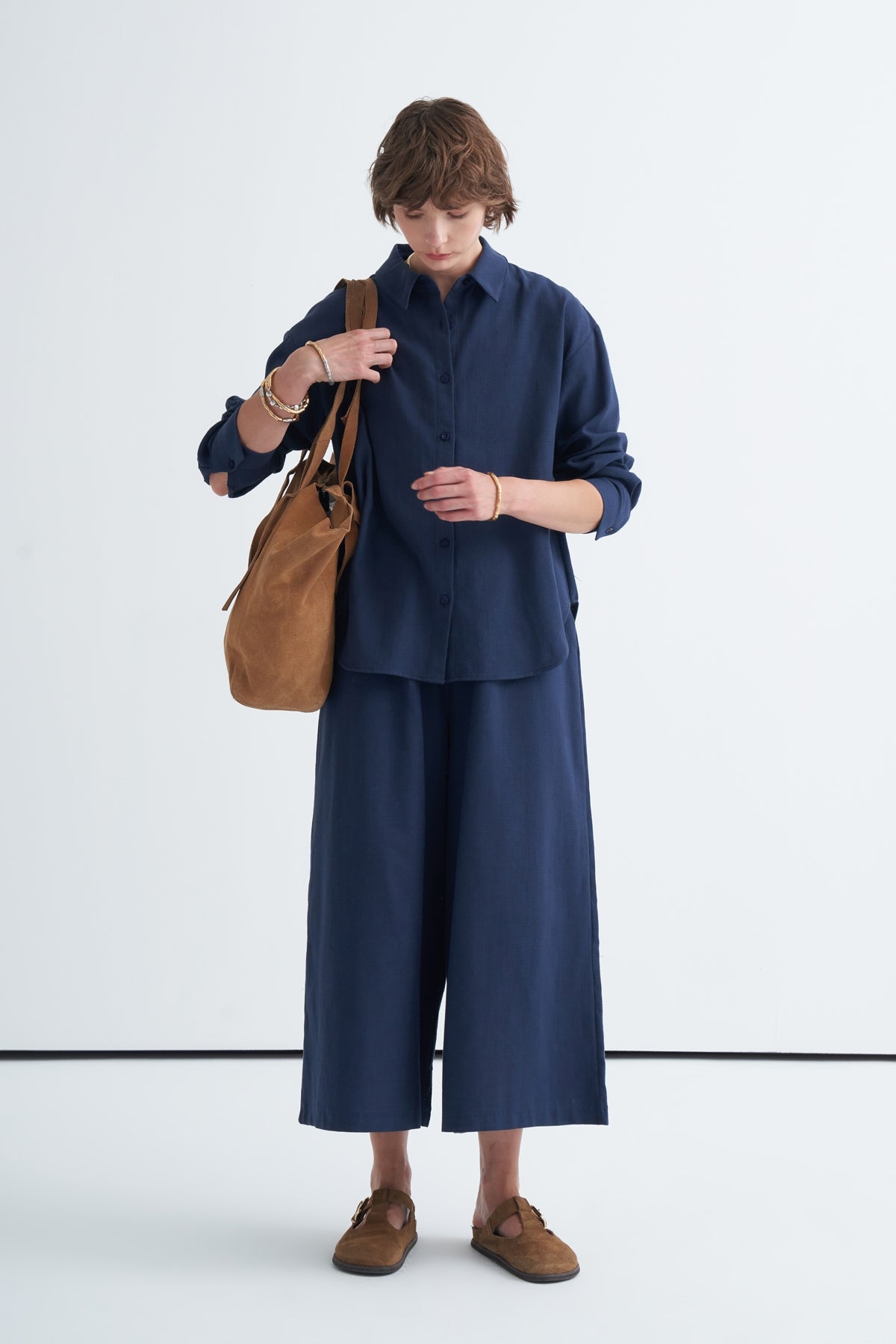 Kadın Organik Pamuklu Oversize Gömlek Pantolon Takım Lacivert