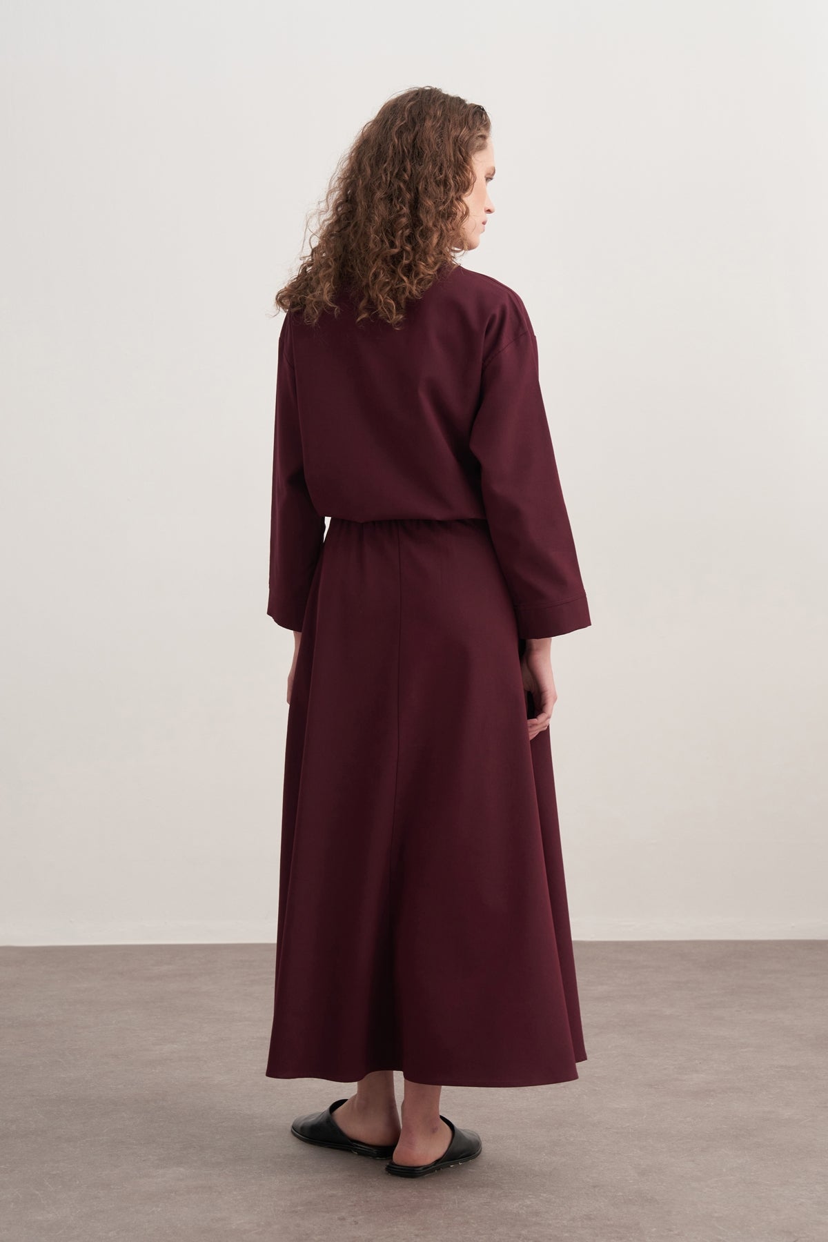 Kadın Gabardin Gömlekli Kloş Etek Takım Mürdüm