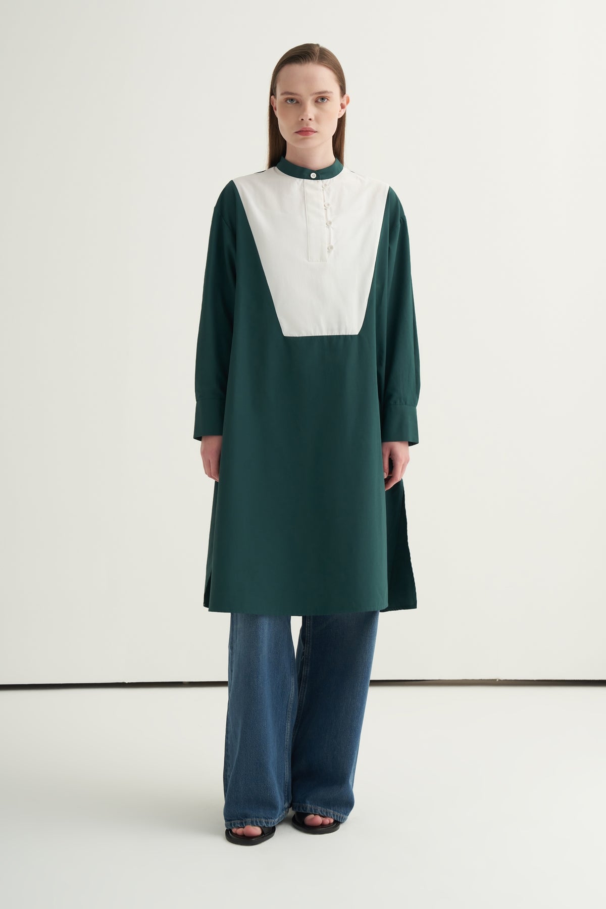 Kadın Hakim Yaka Kontrast Tunik Zümrüt