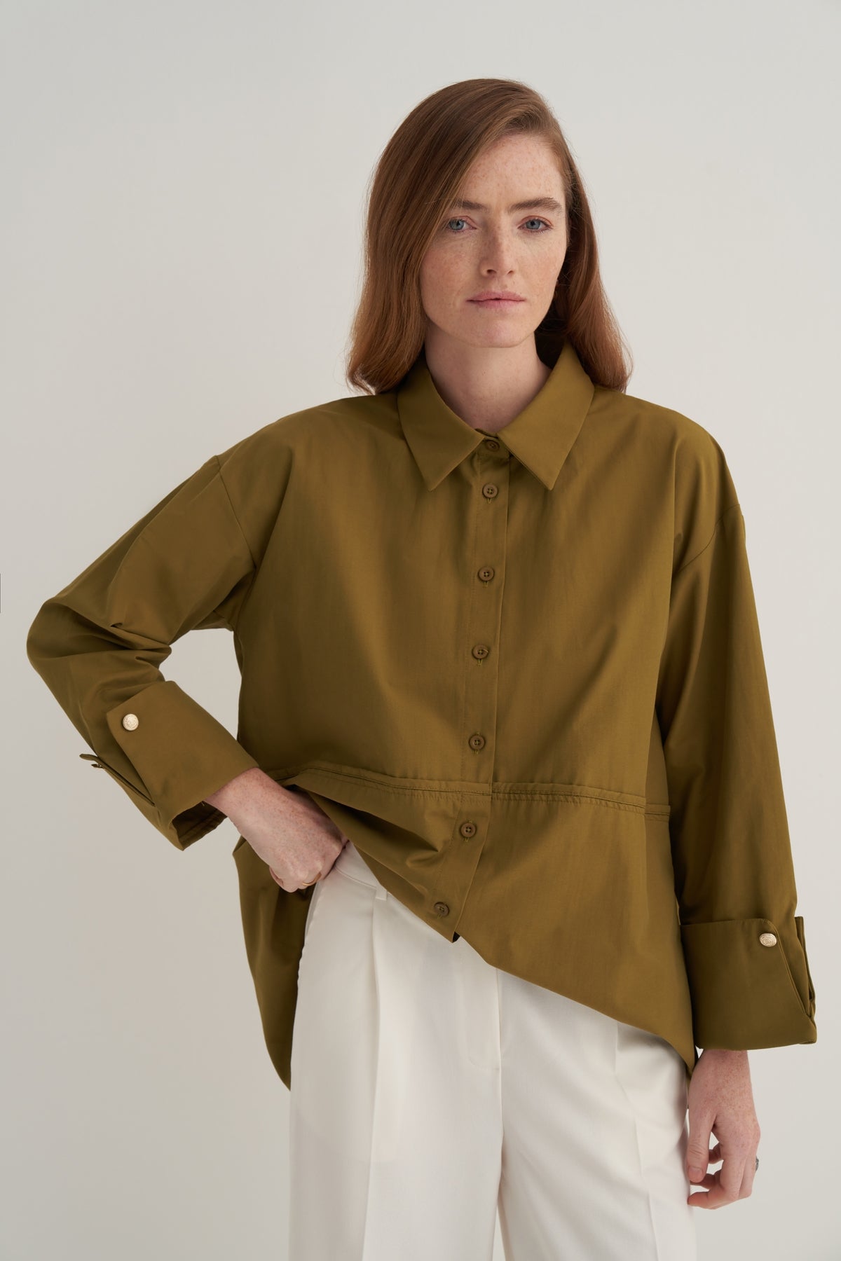 Kadın Oversize Kol Düğmeli Gömlek Yağ Yeşili