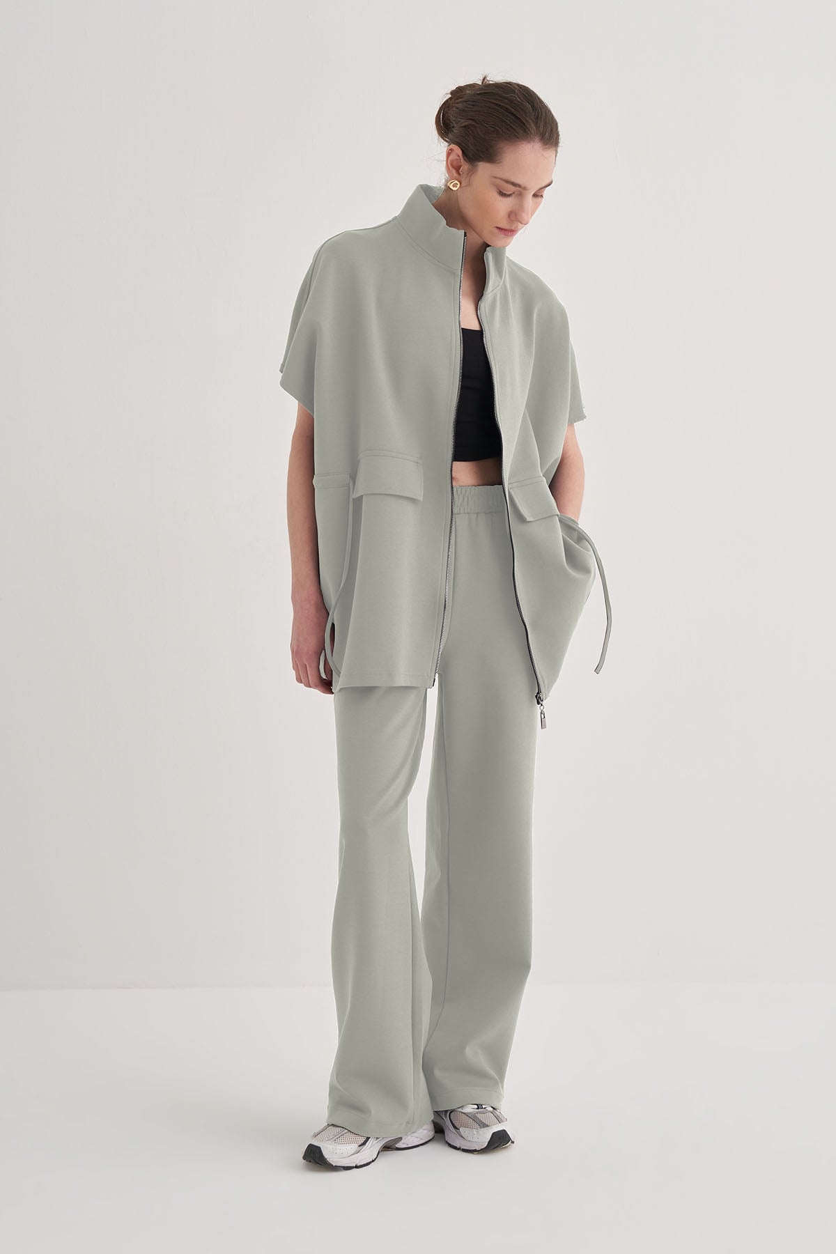 Kadın İnterlok Oversize Yelek Pantolon Takım Pastel Gri