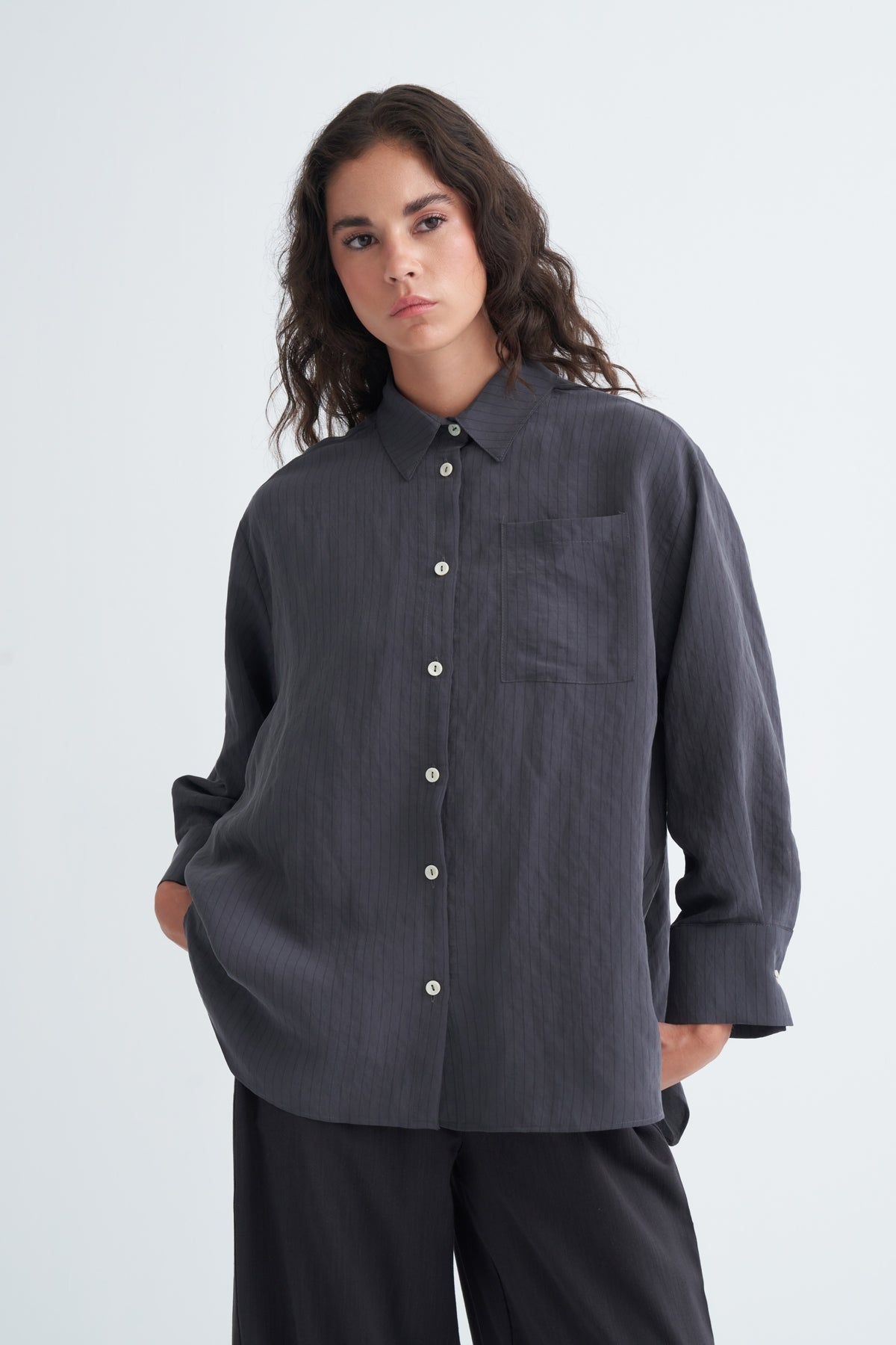 Kadın Cepli Oversize Gömlek Antrasit