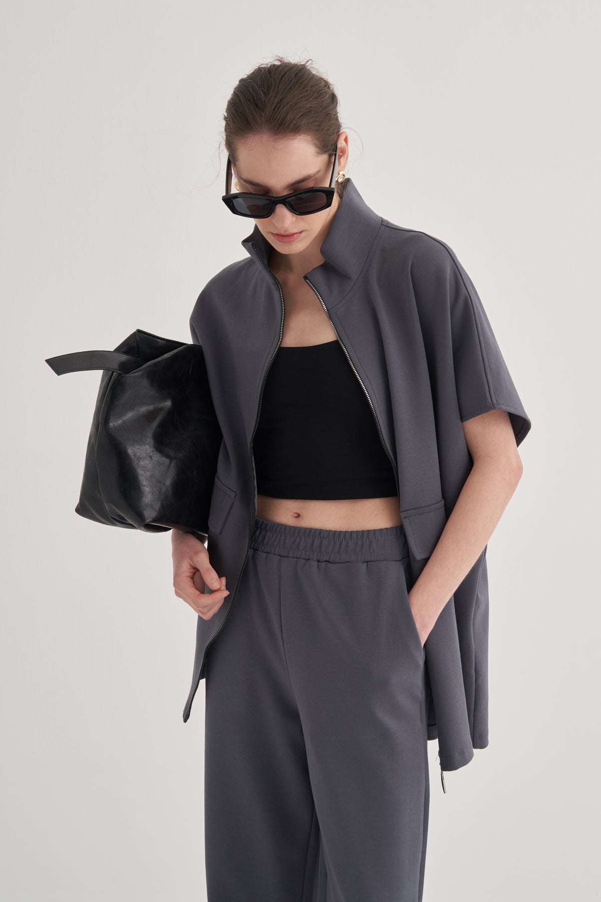 Kadın İnterlok Oversize Yelek Pantolon Takım Füme