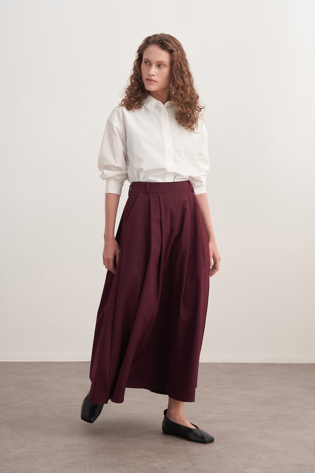 Kadın Gabardin Çift Pile Etek Mürdüm