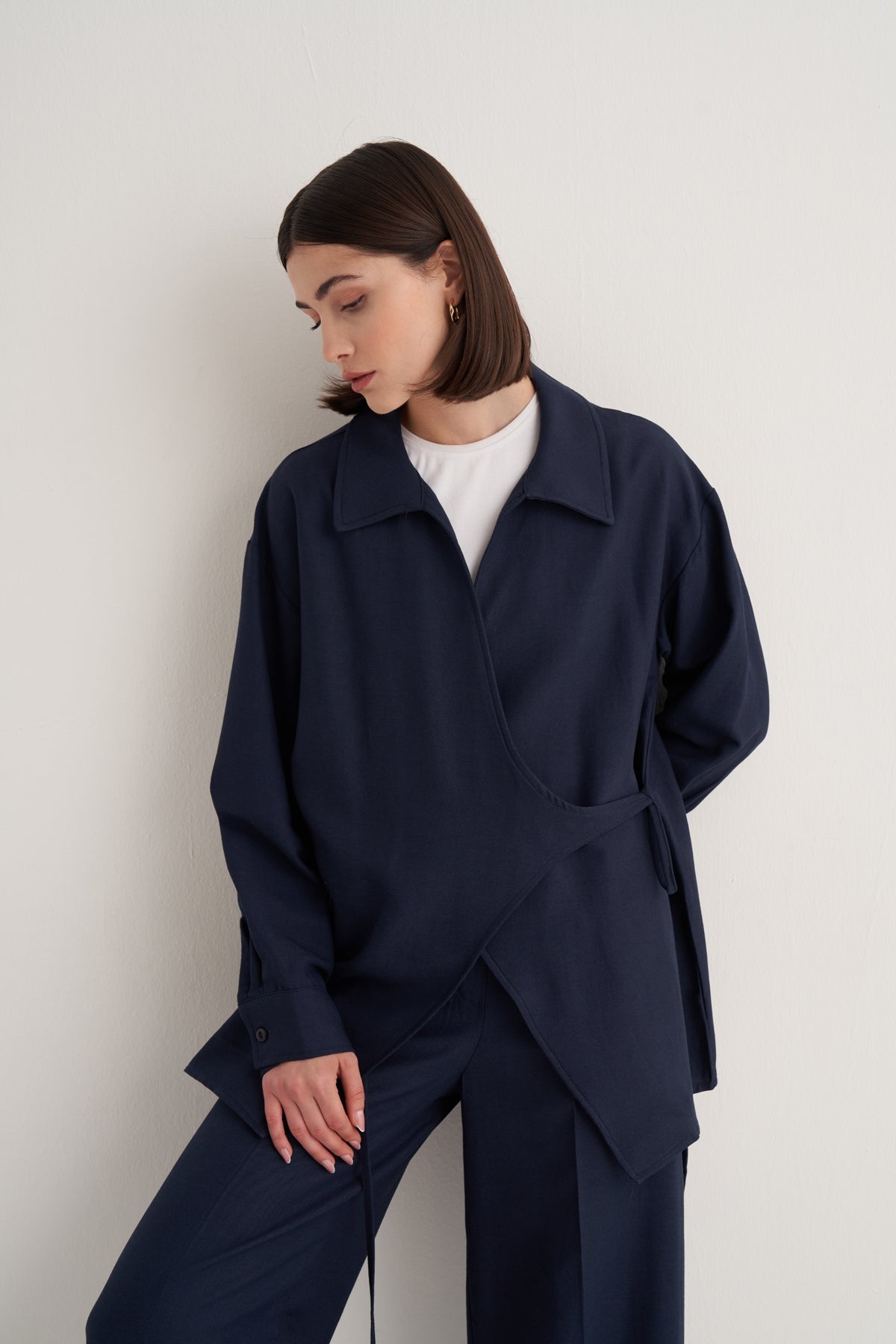 Kadın Dökümlü Pamuklu Yakalı Kimono Lacivert