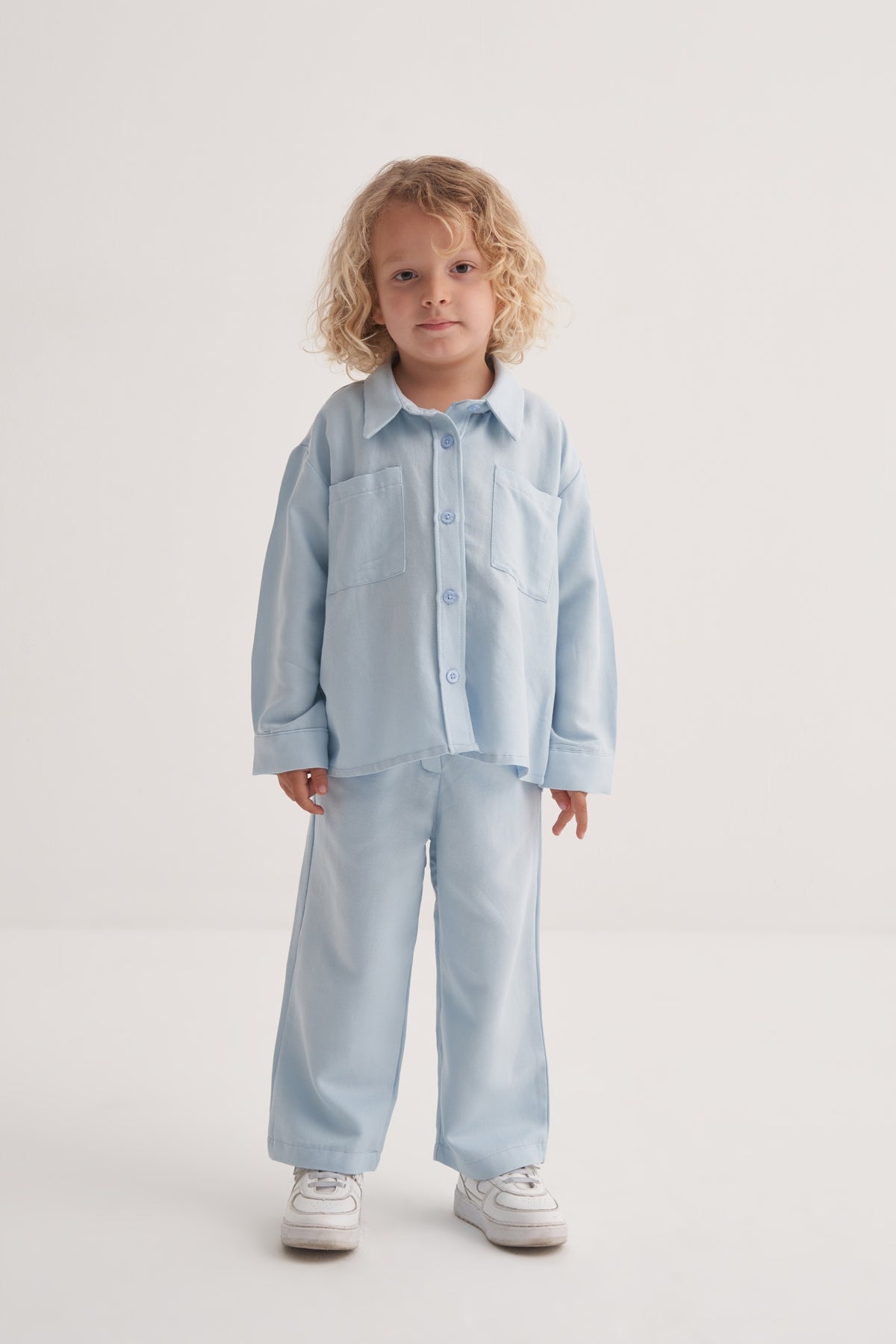 Unisex Çocuk Dökümlü Pamuklu Düğmeli Pantolon Mavi
