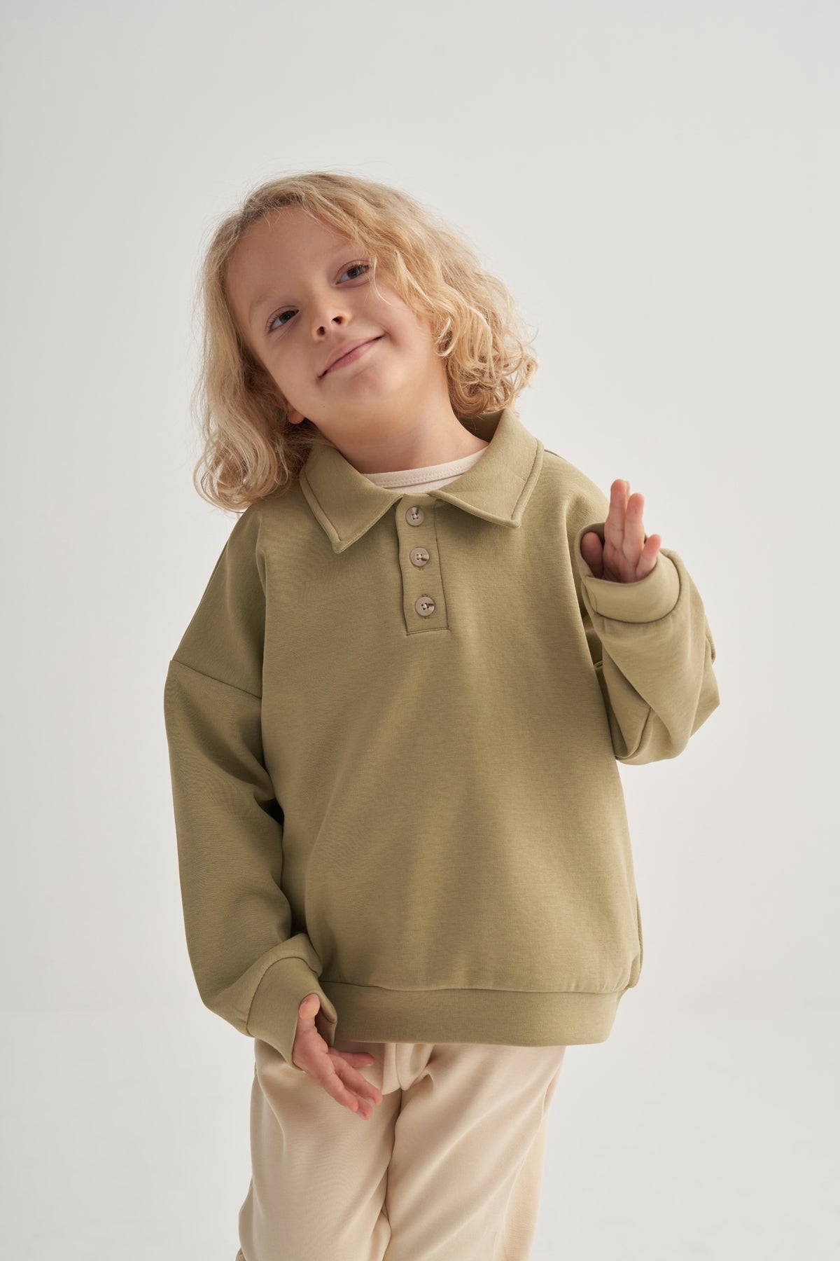 Unisex Çocuk İnterlok Yakalı Sweat Yeşil