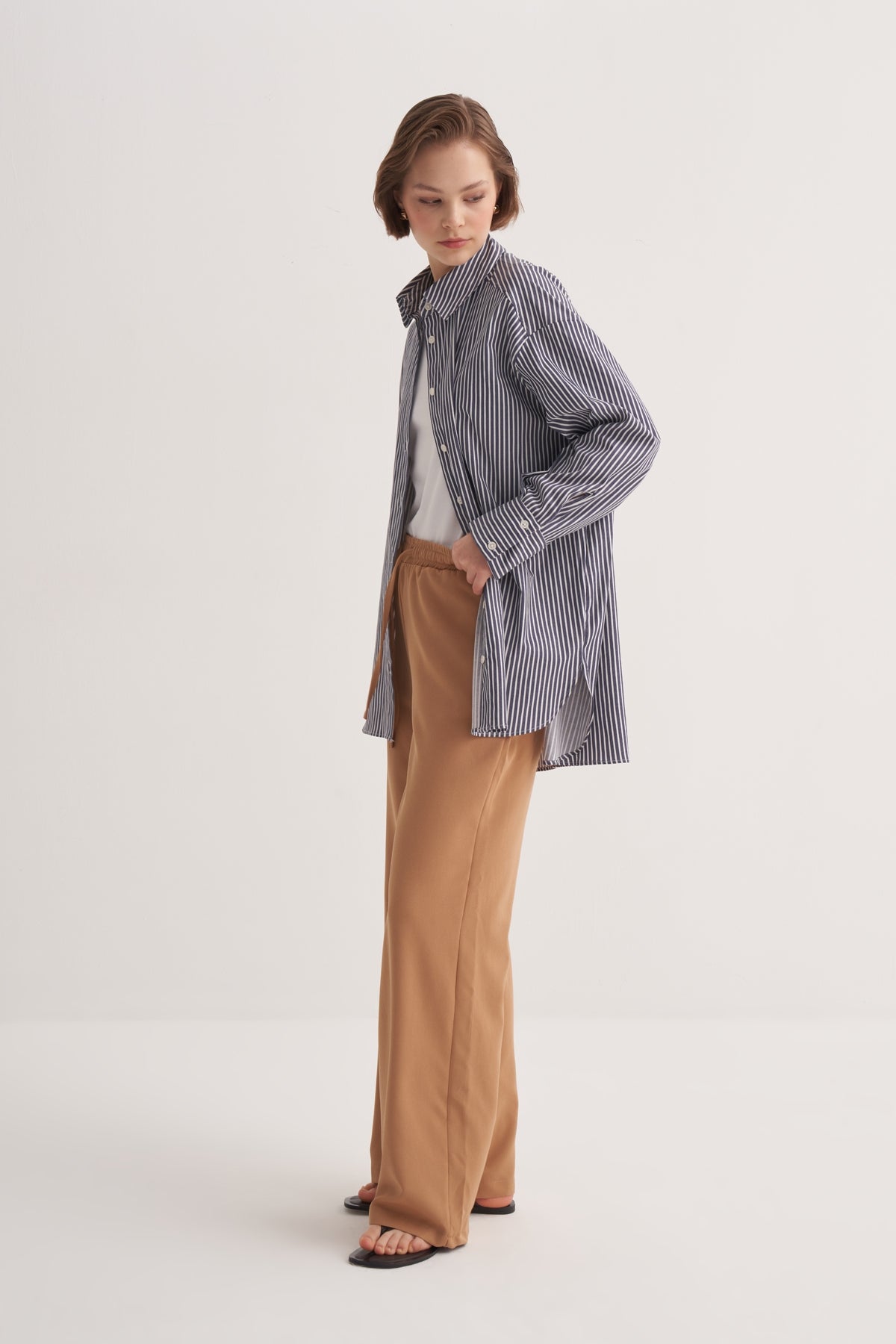 Kadın Poplin Oversize Robalı Gömlek Çizgili Koyu Lacivert