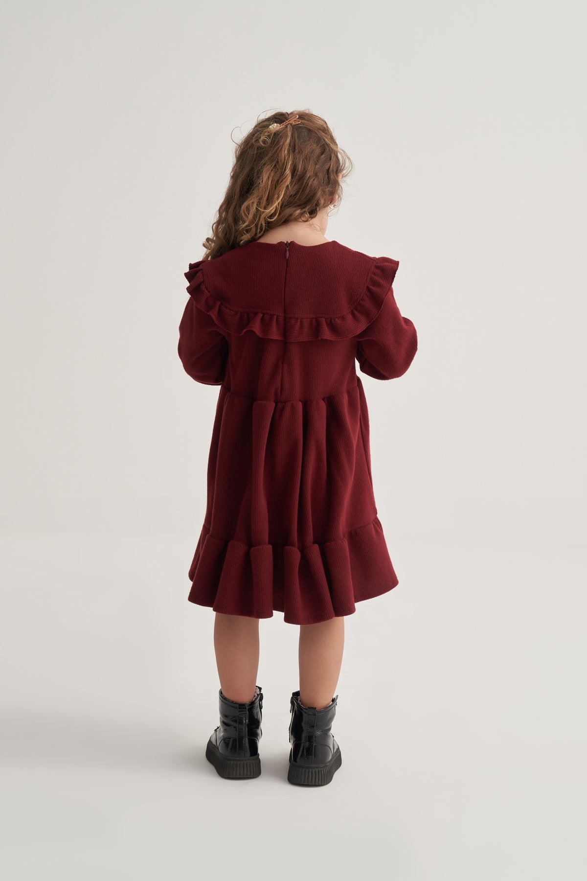 Kız Çocuk Fitilli Kat Kat Fırfırlı Elbise Bordo