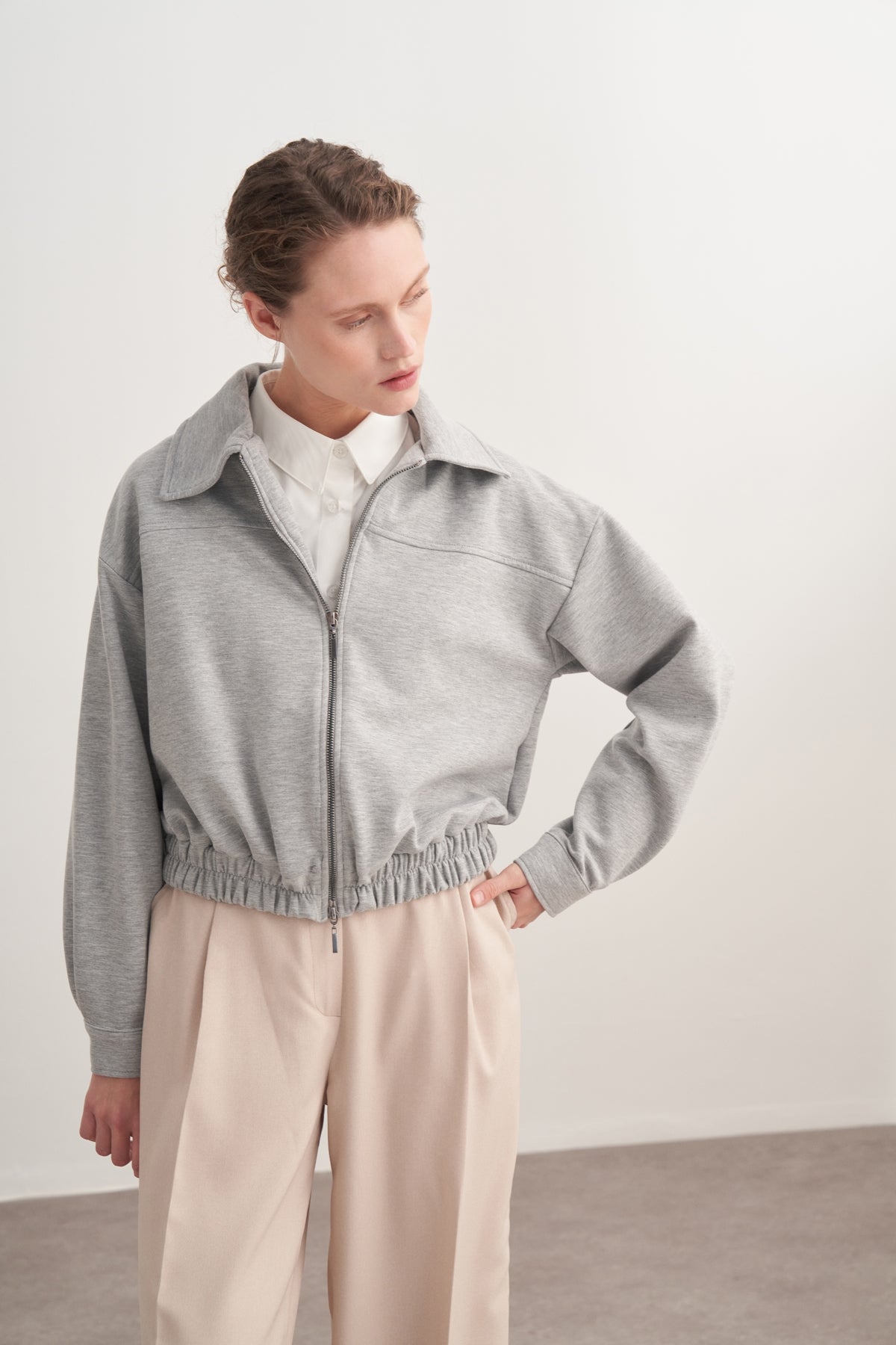 Kadın İnterlok Bomber Ceket Gri Melanj