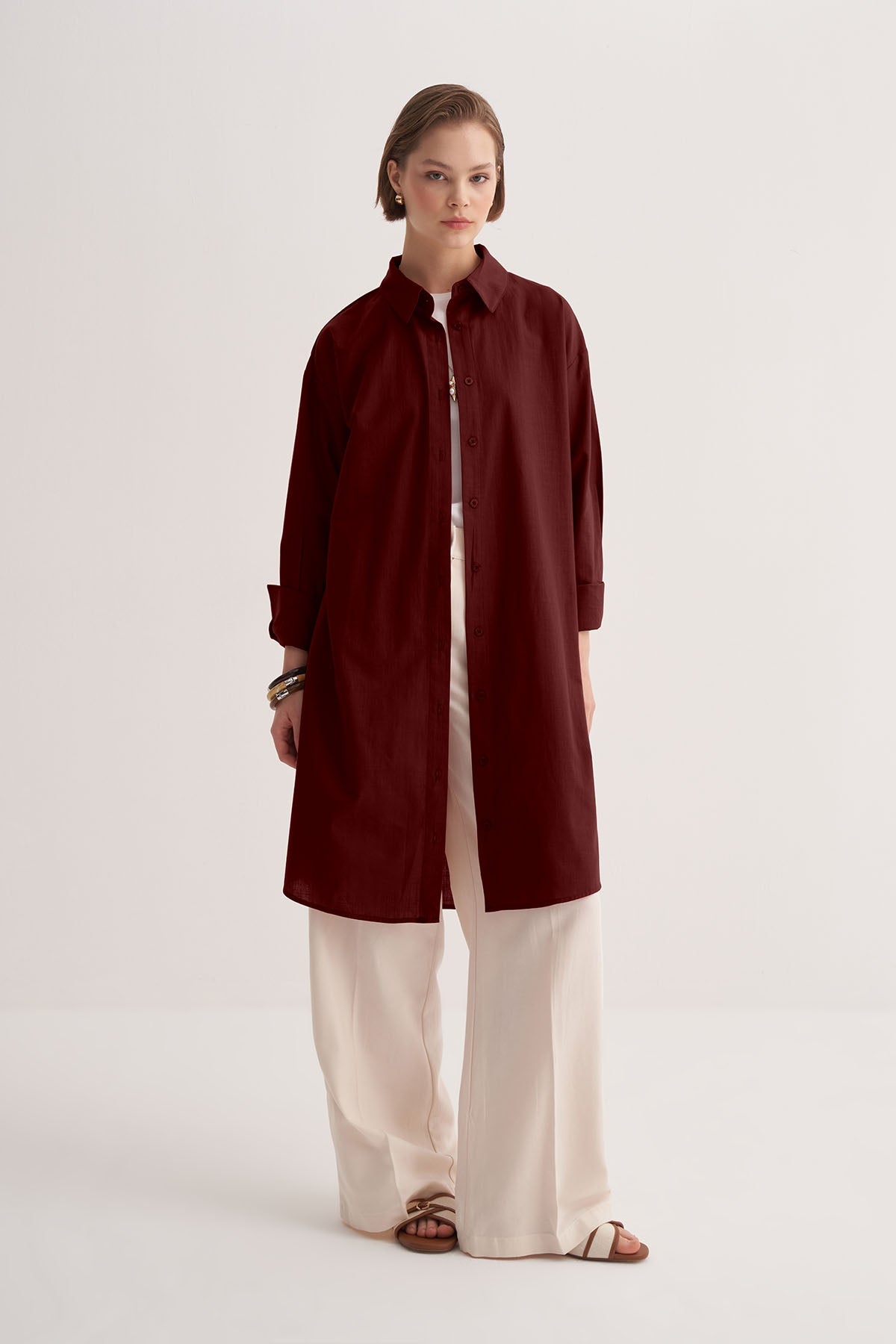 Kadın Organik Pamuklu Uzun Basic Gömlek Bordo