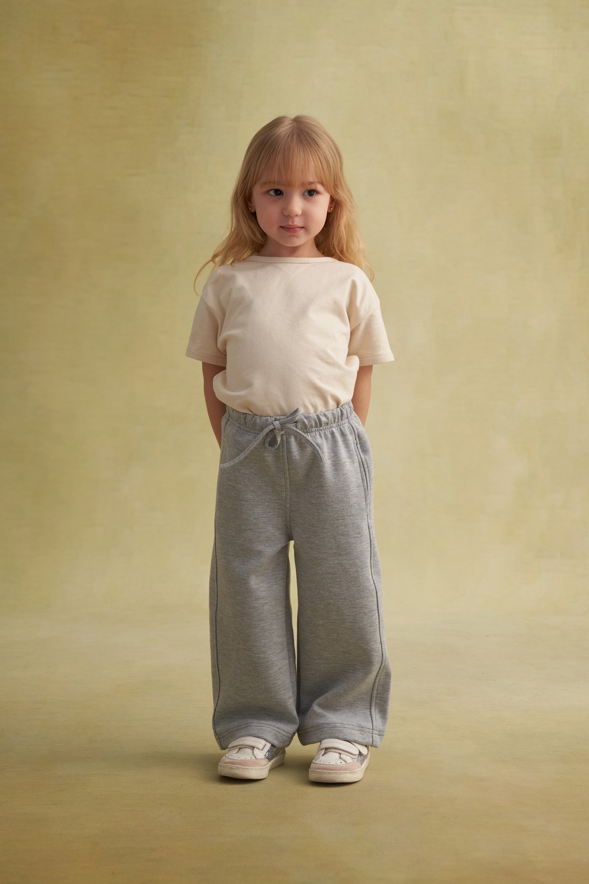 Kız Çocuk İnterlok Bol Paça Pantolon Gri Melanj