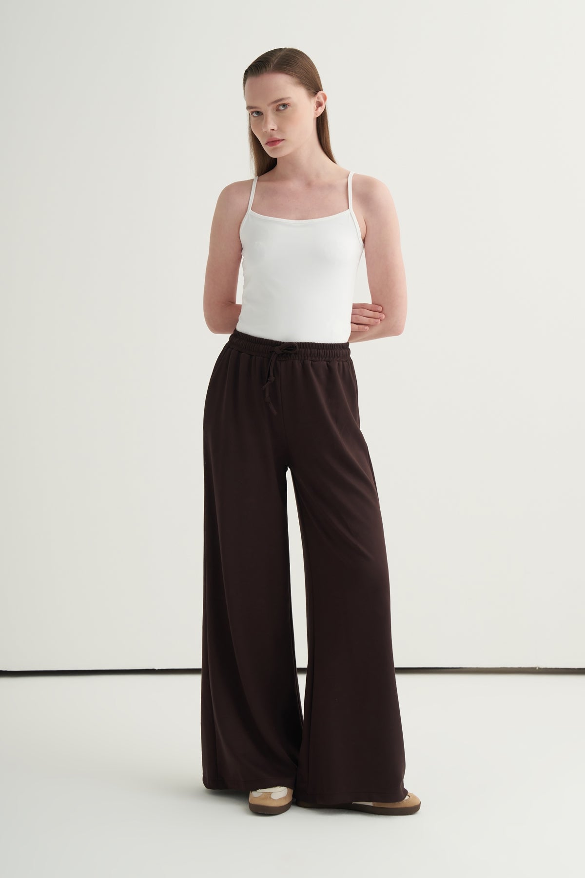 Kadın Oversize Yelek Bol Paça Pantolon Takım Kahve