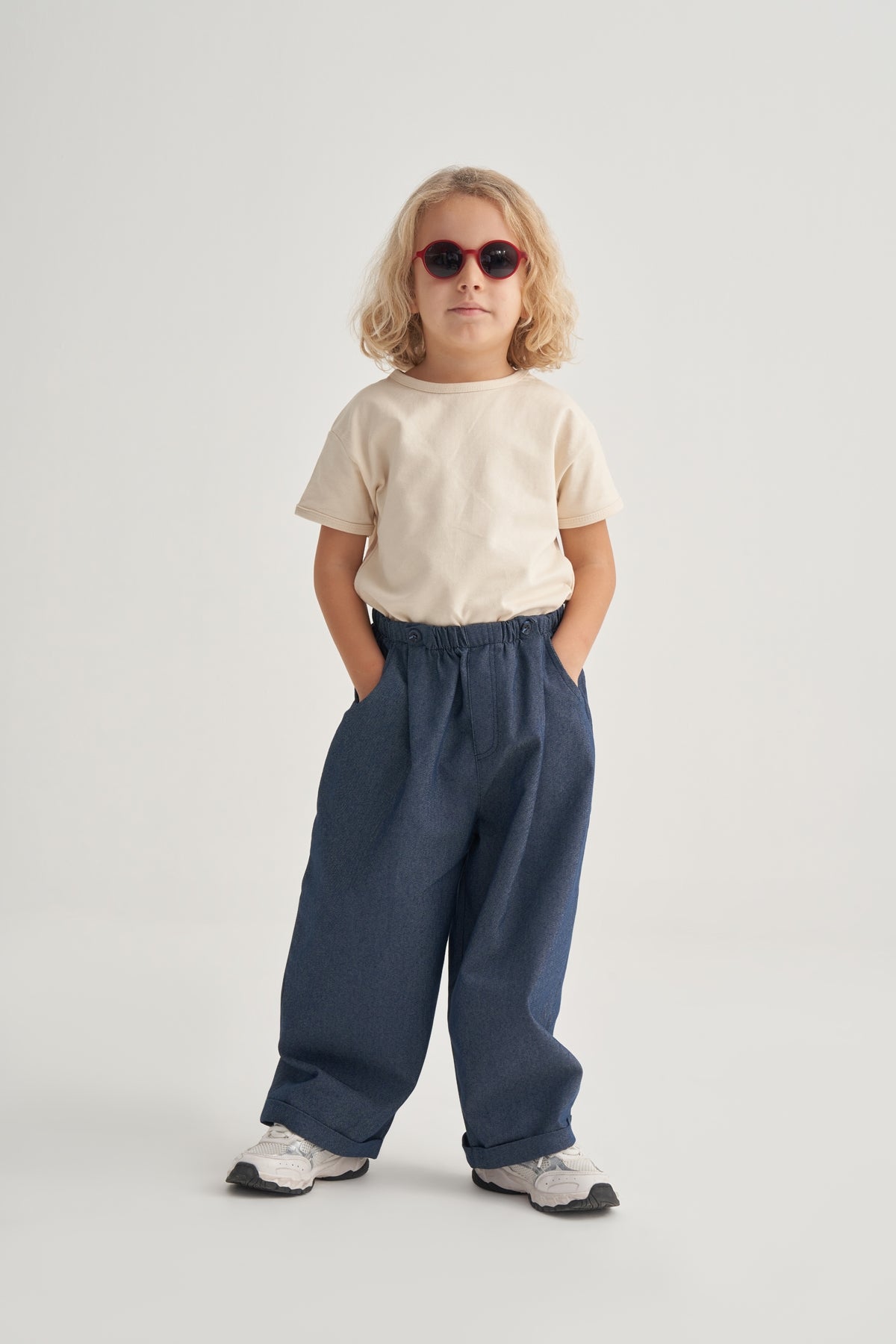 Unisex Çocuk Gabardin Pilili Pantolon Kot Mavisi