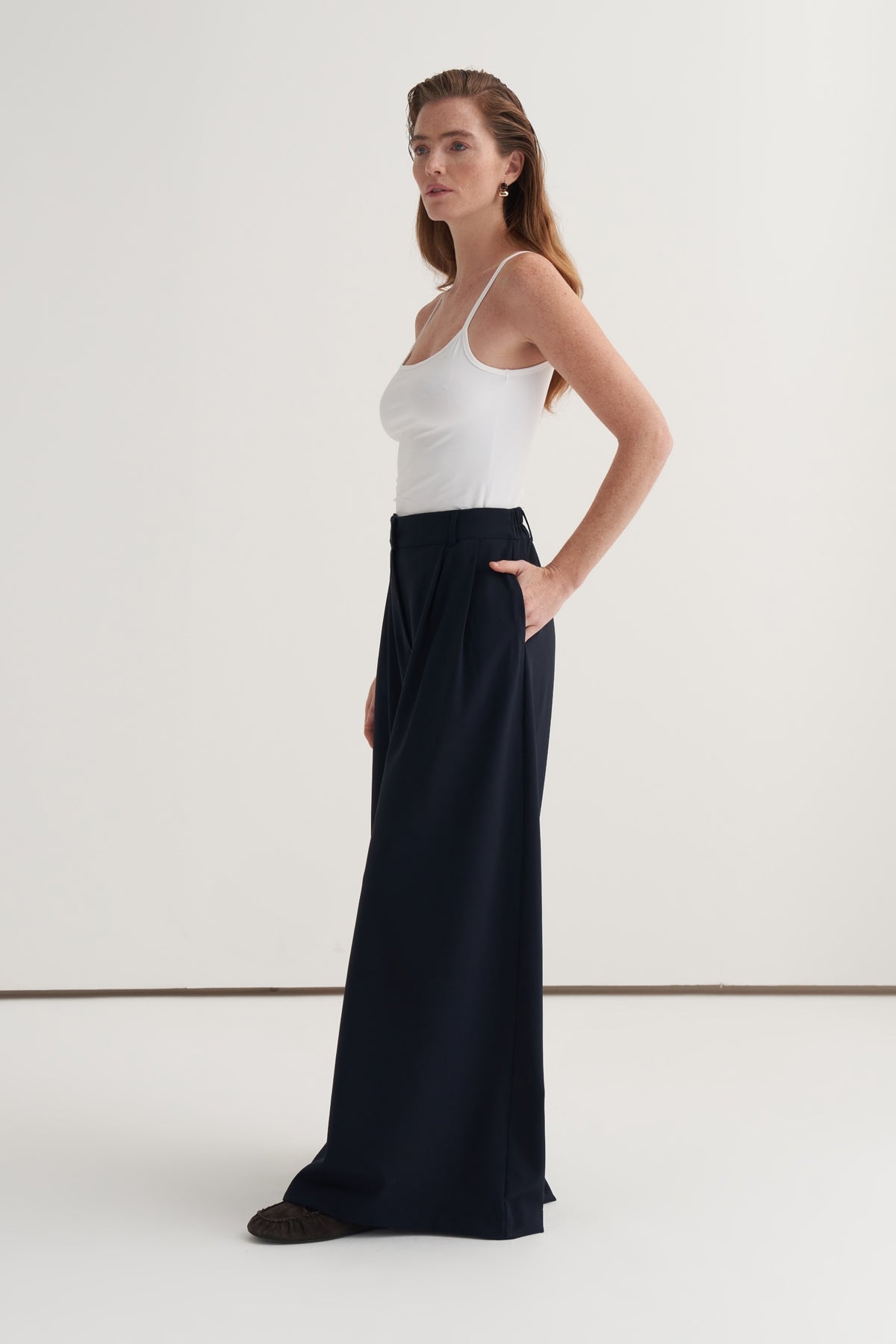 Kadın Çift Pileli Bol Paça Palazzo Pantolon Lacivert