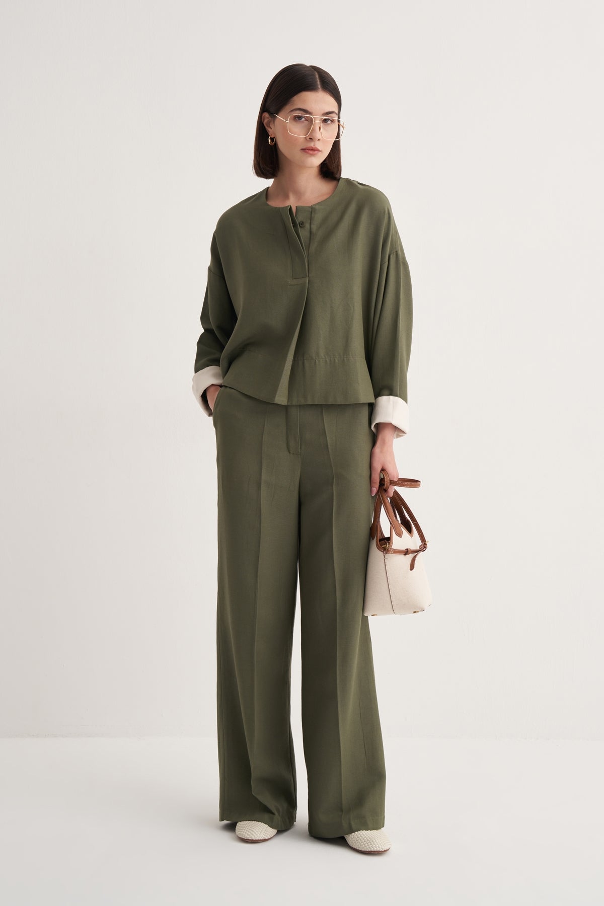 Kadın Dökümlü Pamuklu Palazzo Pantolon Haki