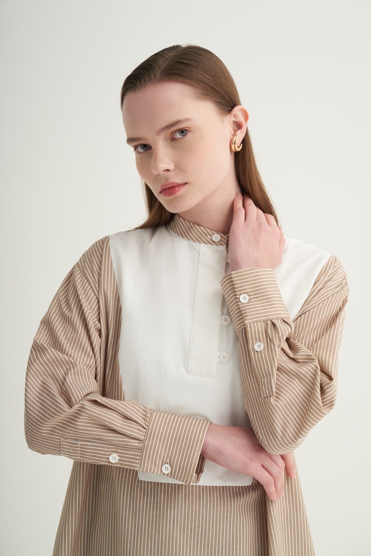 Kadın Hakim Yaka Kontrast Tunik Bej Çizgili