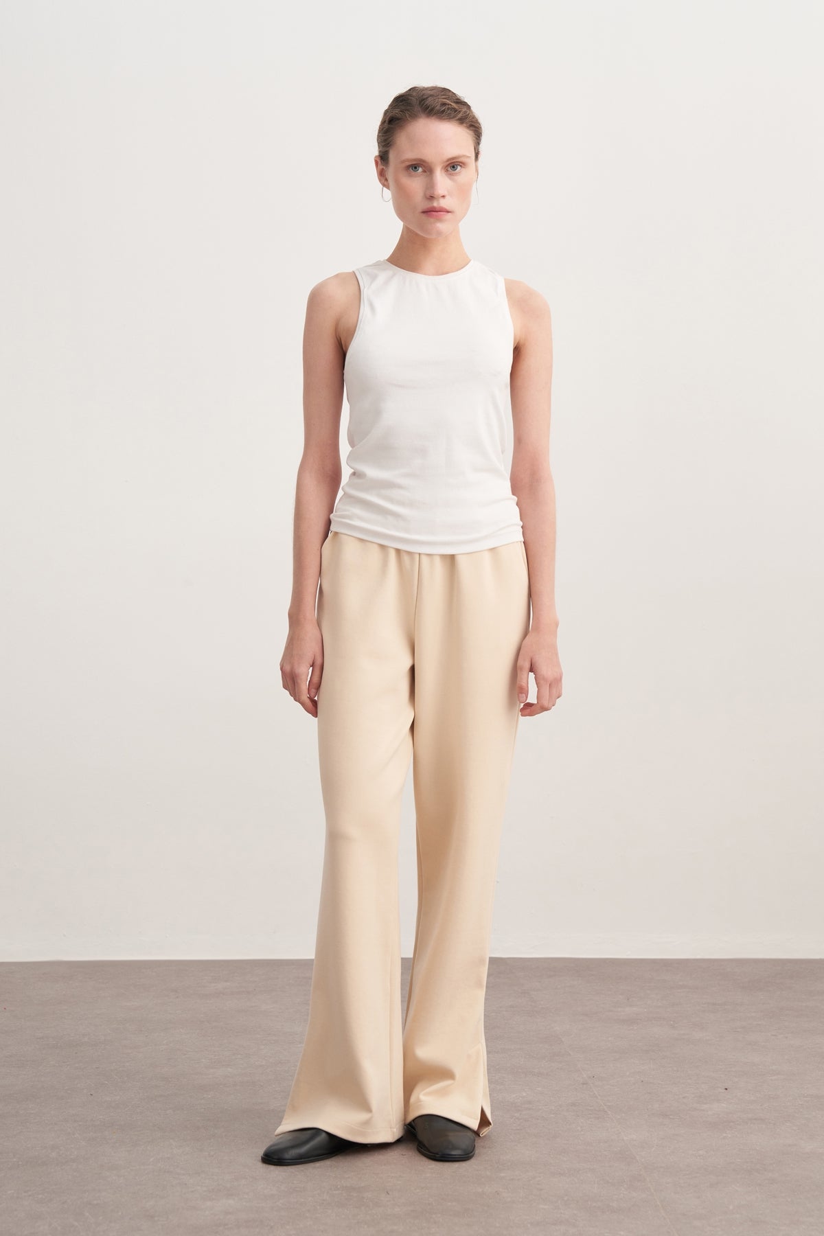 Kadın İnterlok Yandan Yırtmaçlı Palazzo Pantolon Bej