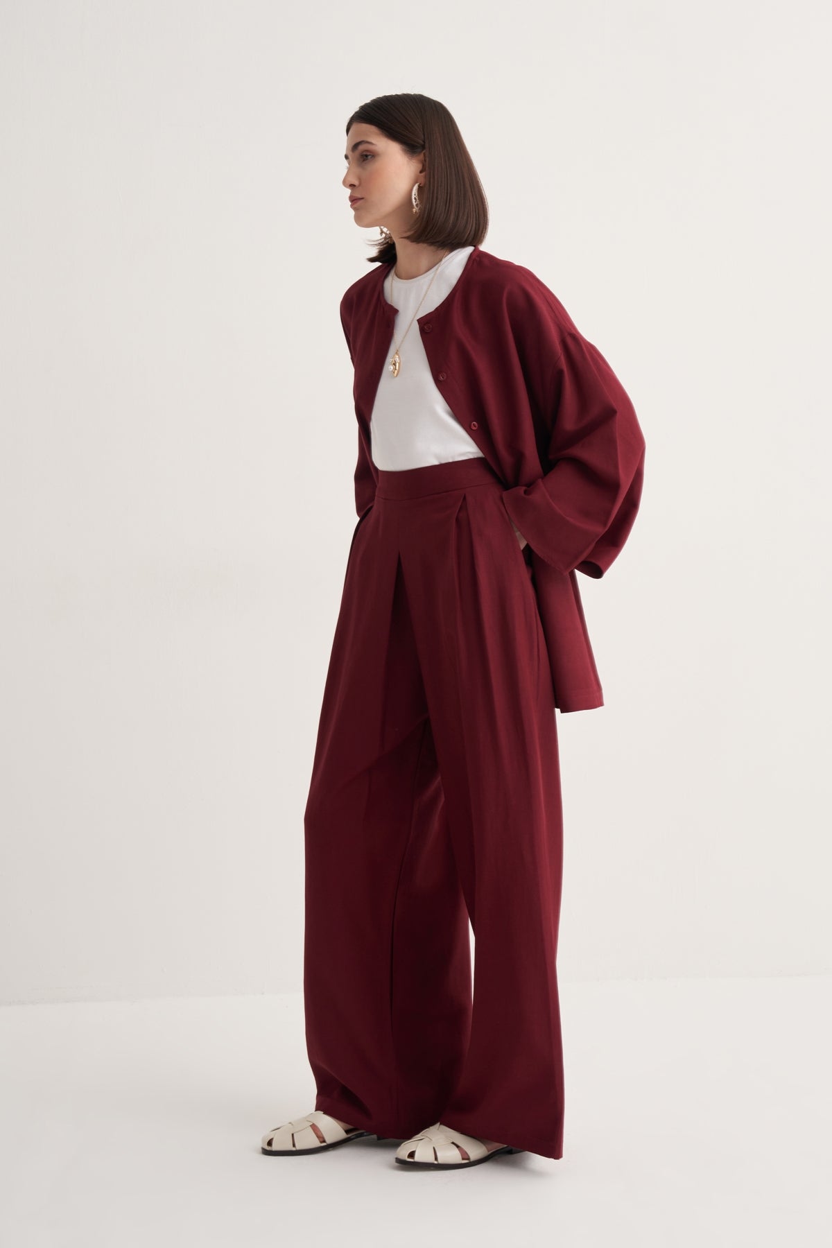 Kadın Dökümlü Pamuklu Kimono Gömlek Bordo