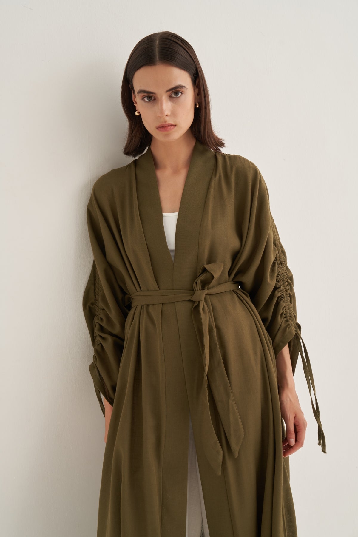 Kadın Organik Pamuk Büzgü Detaylı Abaya Haki