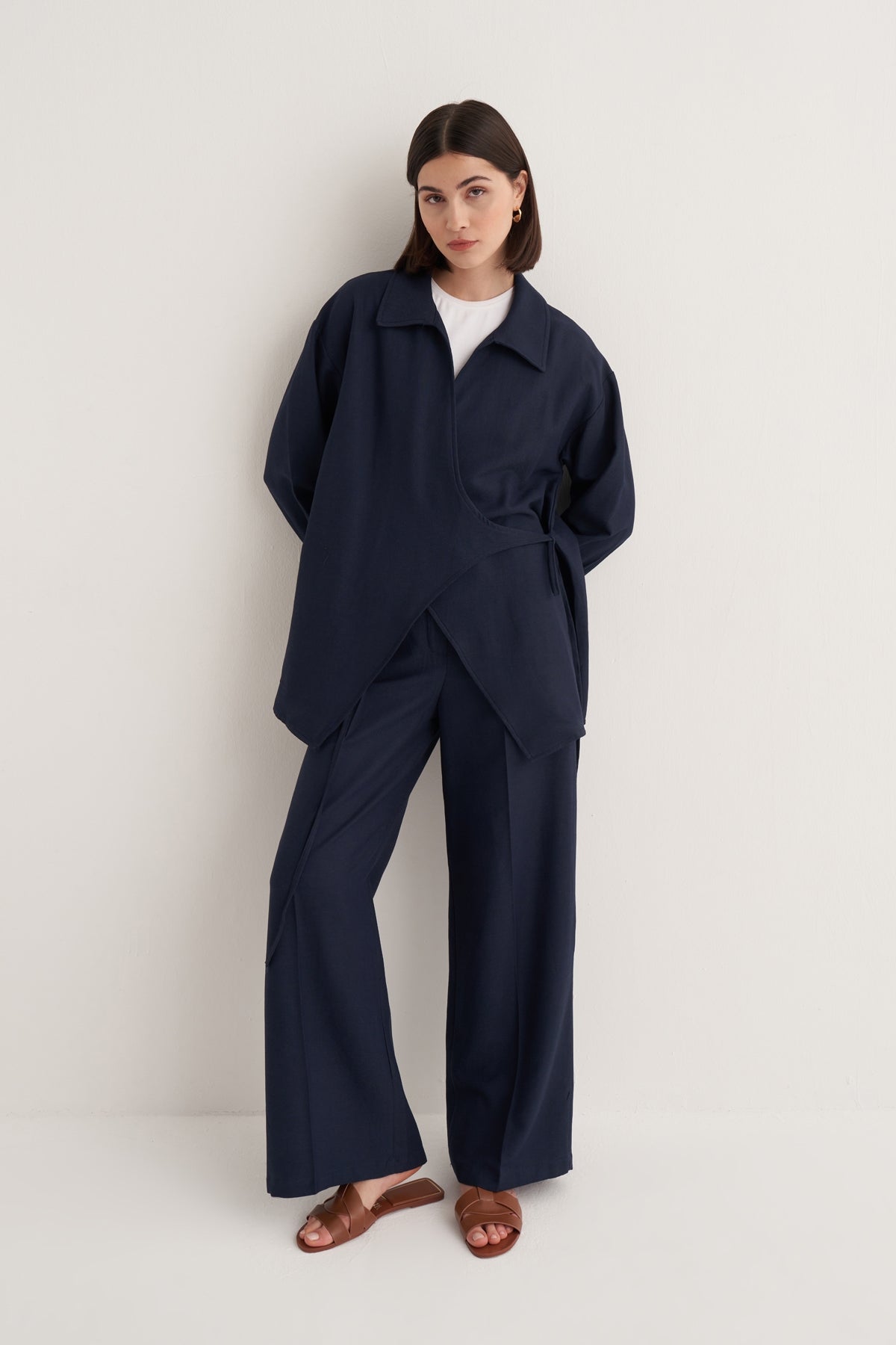 Kadın Dökümlü Pamuklu Yakalı Kimono Lacivert