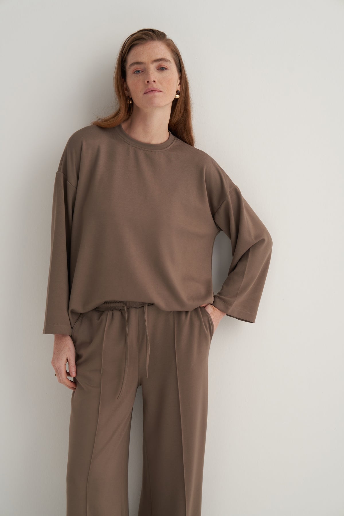 Kadın Basic Pantolonlu Sweat Takım Vizon