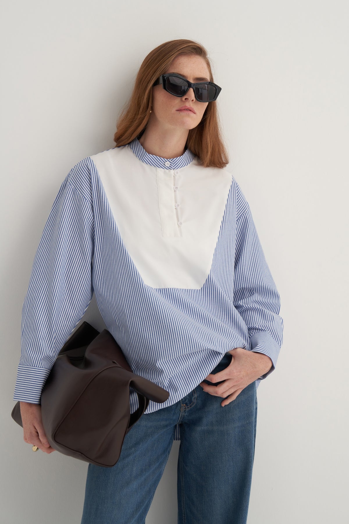 Kadın Hakim Yaka Garnili Gömlek Koyu Mavi Çizgili