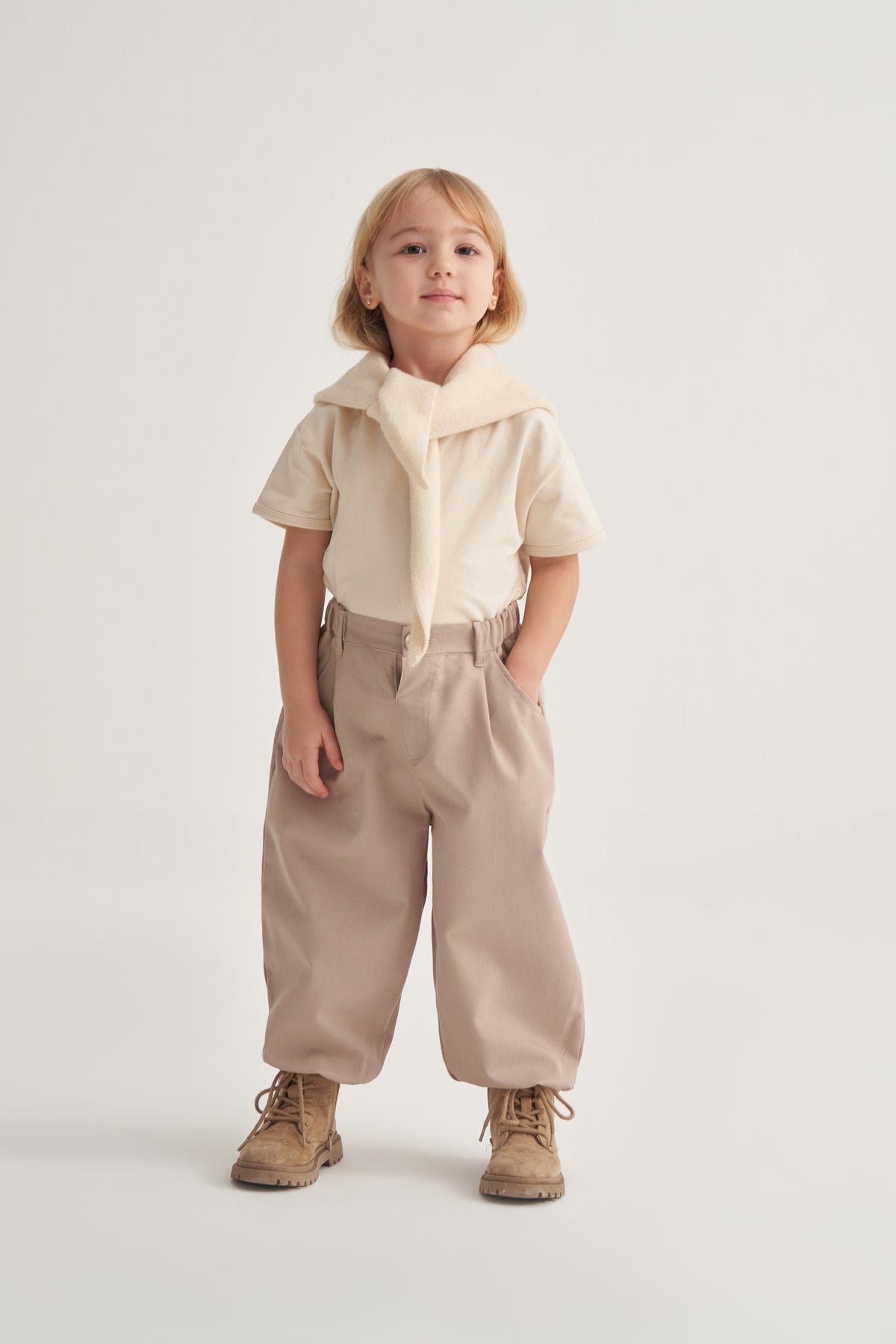 Unisex Çocuk Gabardin Paça Detaylı Pantolon Bej