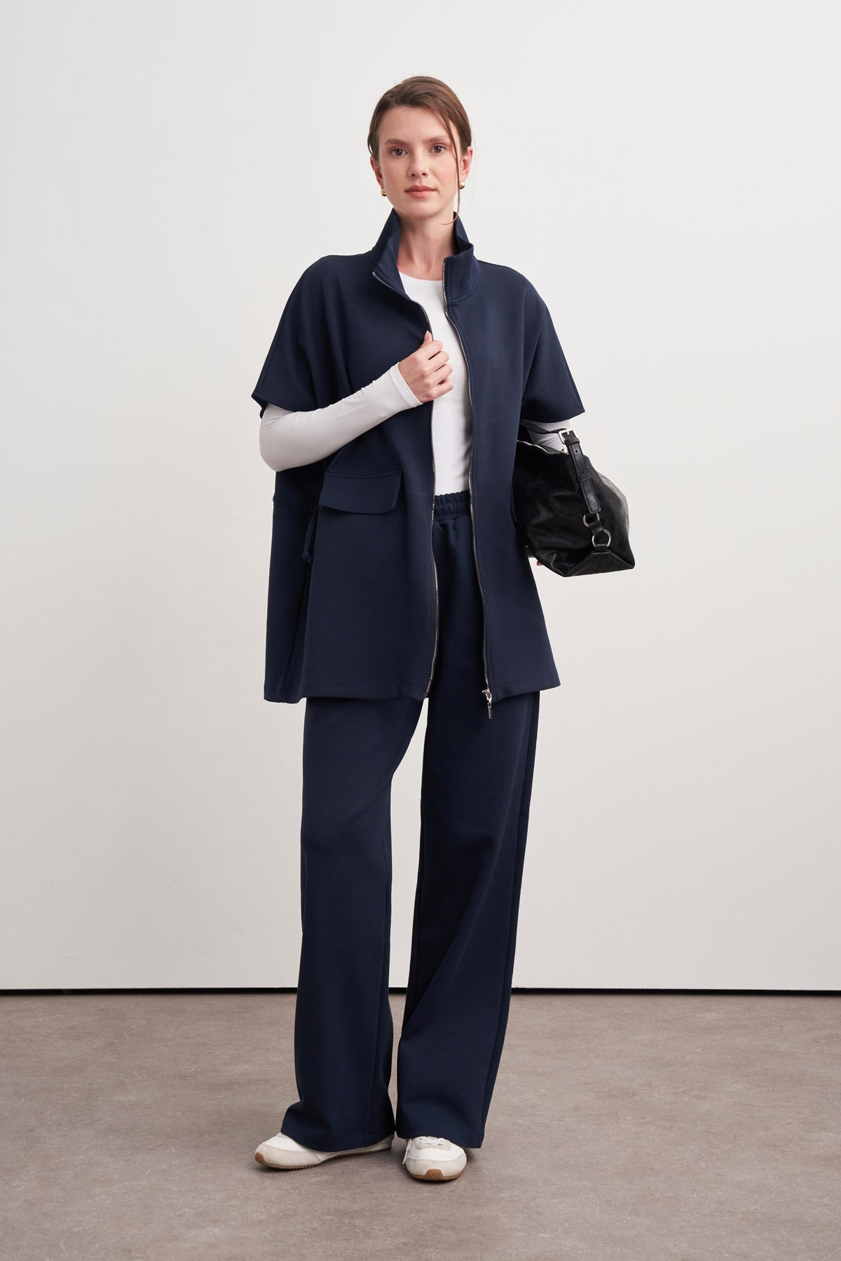 Kadın İnterlok Oversize Yelek Pantolon Takım Lacivert