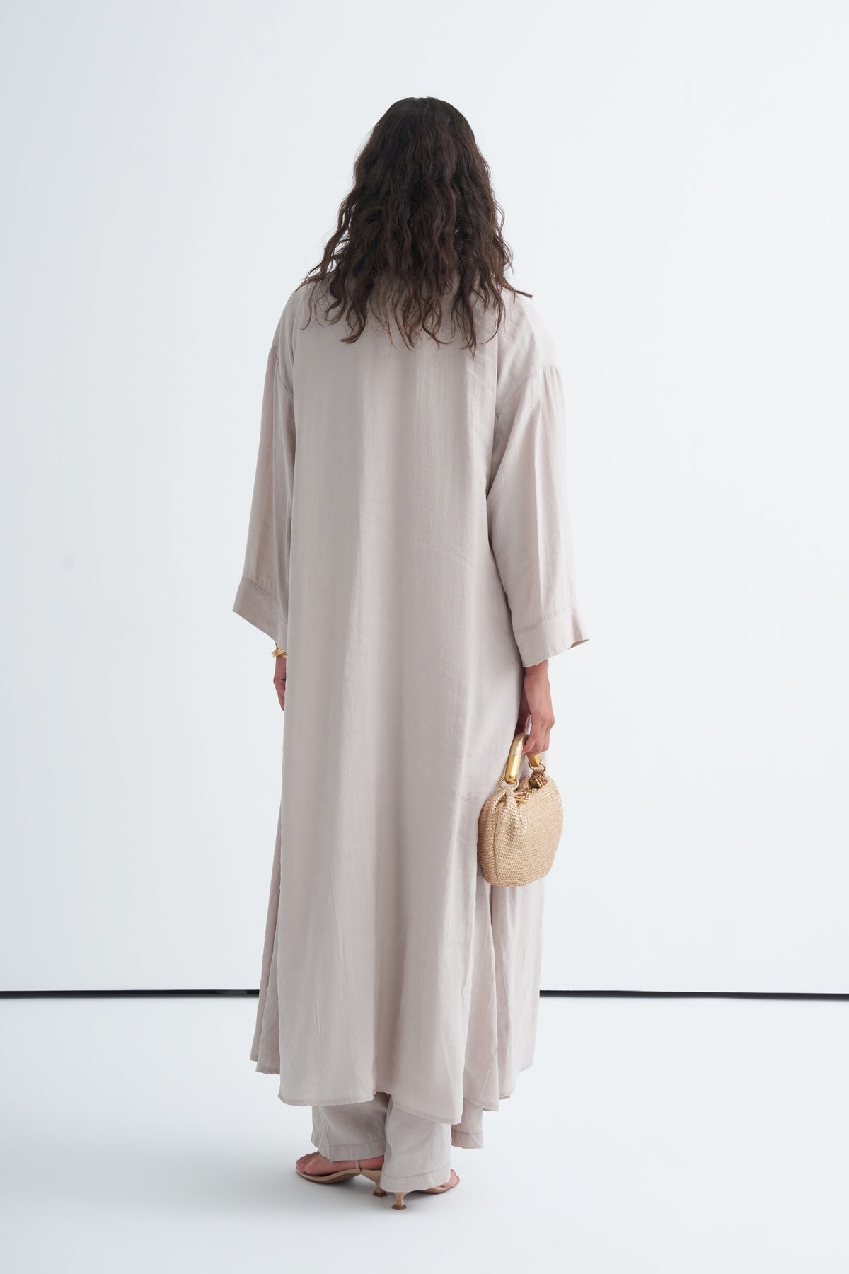Modal 3'lü Pantolon Bluzlu Abaya Takım Açık Bej