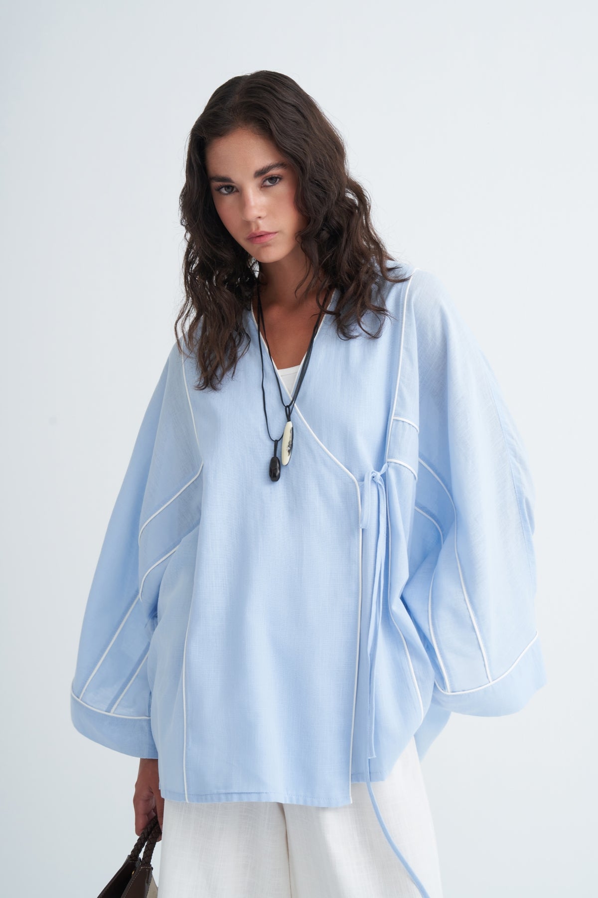 Kadın Kontrast Kimono Pantolon Takım Mavi