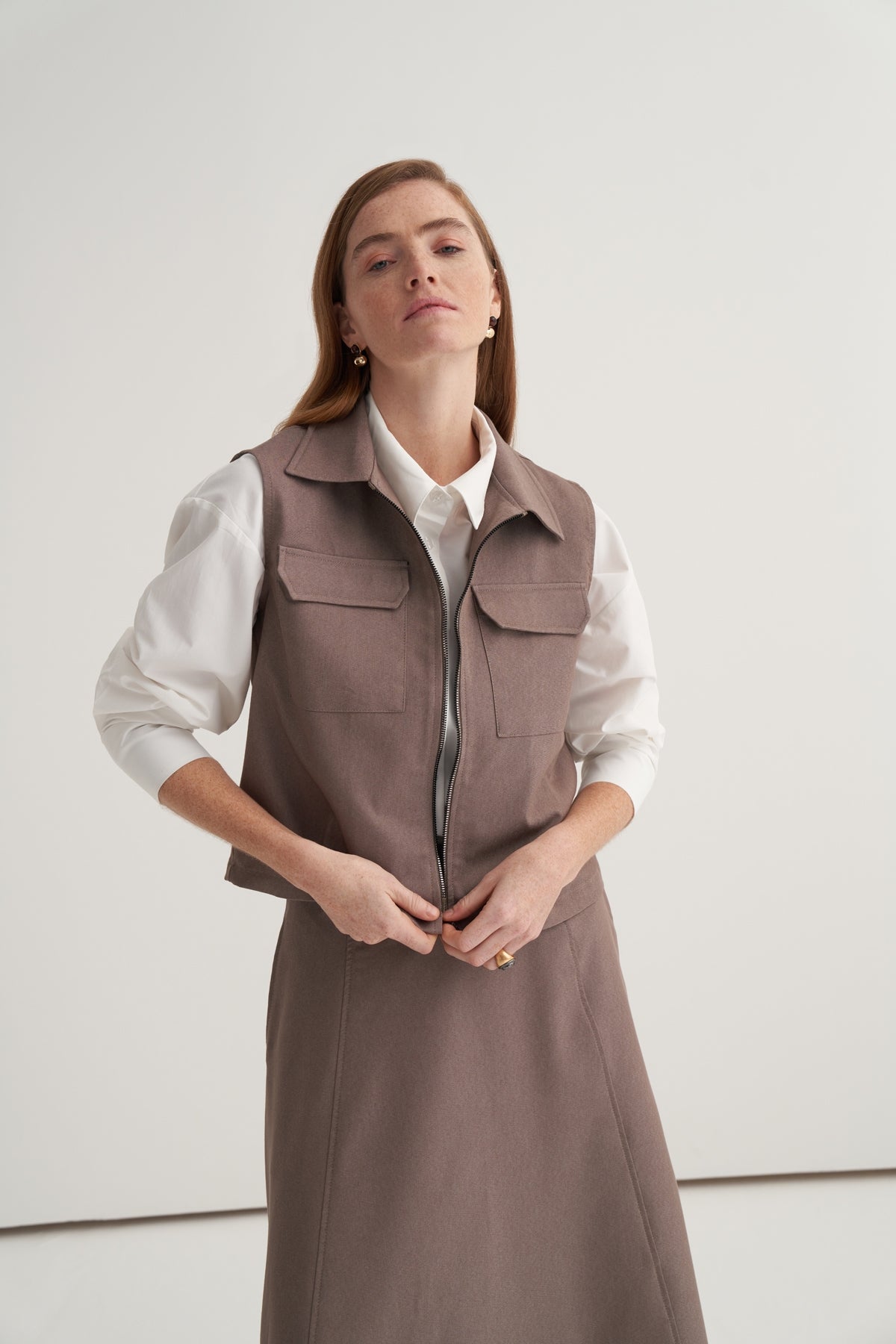 Kadın Gabardin Yelekli Etek Takım Vizon