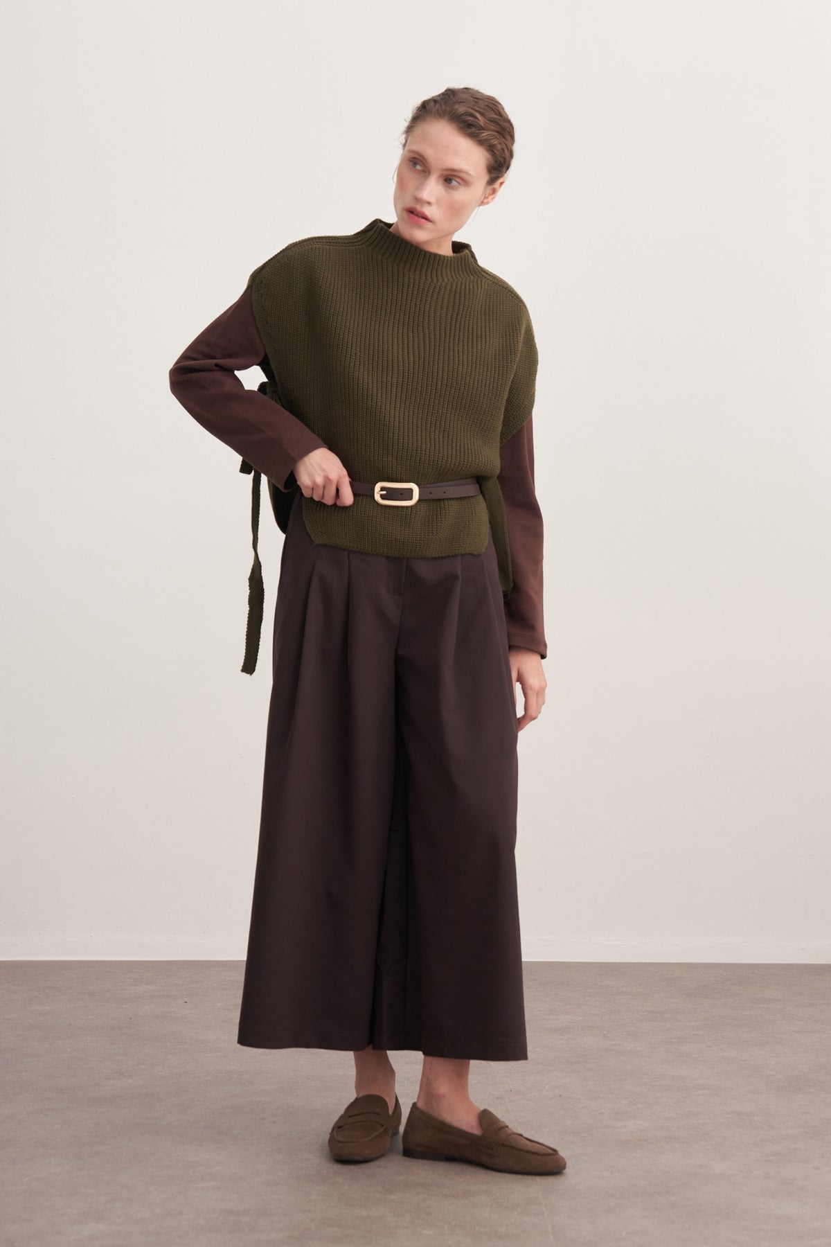 Kadın Gabardin Çift Pile Pantolon Kahve