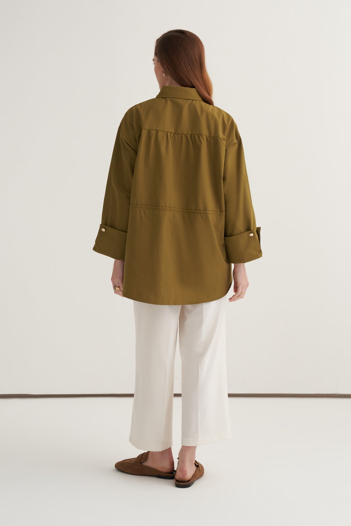 Kadın Oversize Kol Düğmeli Gömlek Yağ Yeşili