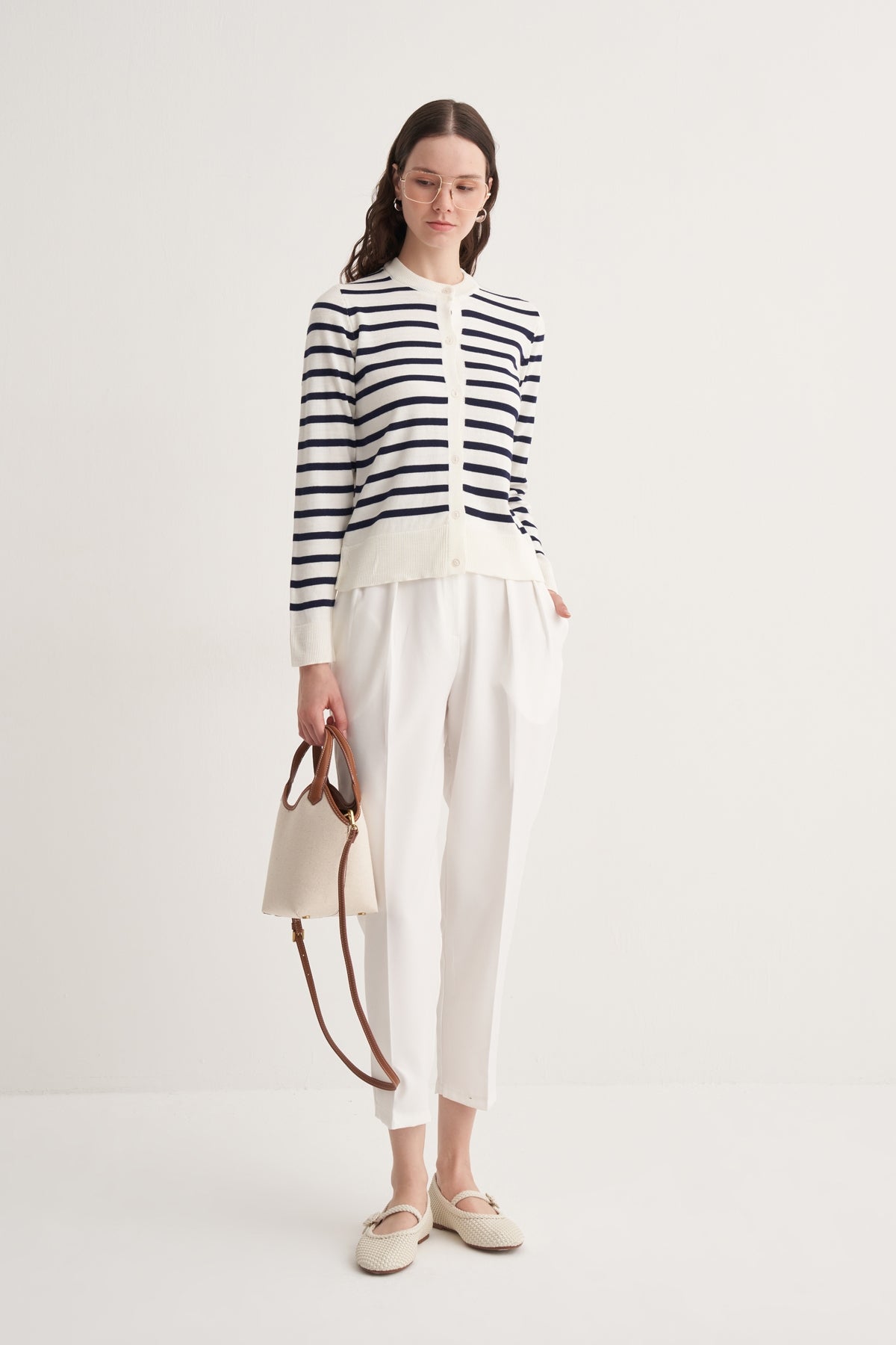 Kadın İnce Triko Çizgili Hırka Lacivert