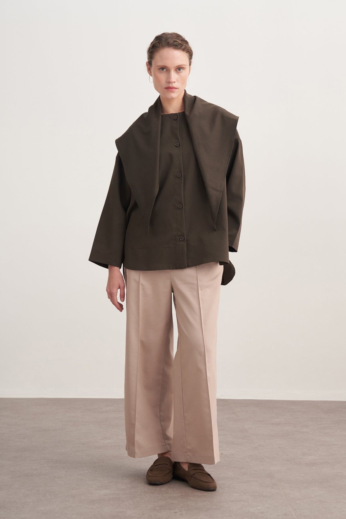 Kadın Gabardin Şal Aksesuarlı Gömlek Ceket Koyu Haki