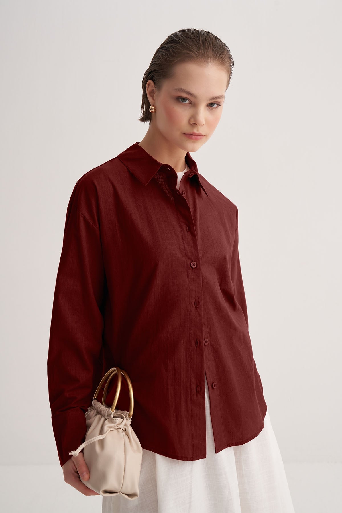 Kadın Organik Pamuklu Basic Gömlek Bordo