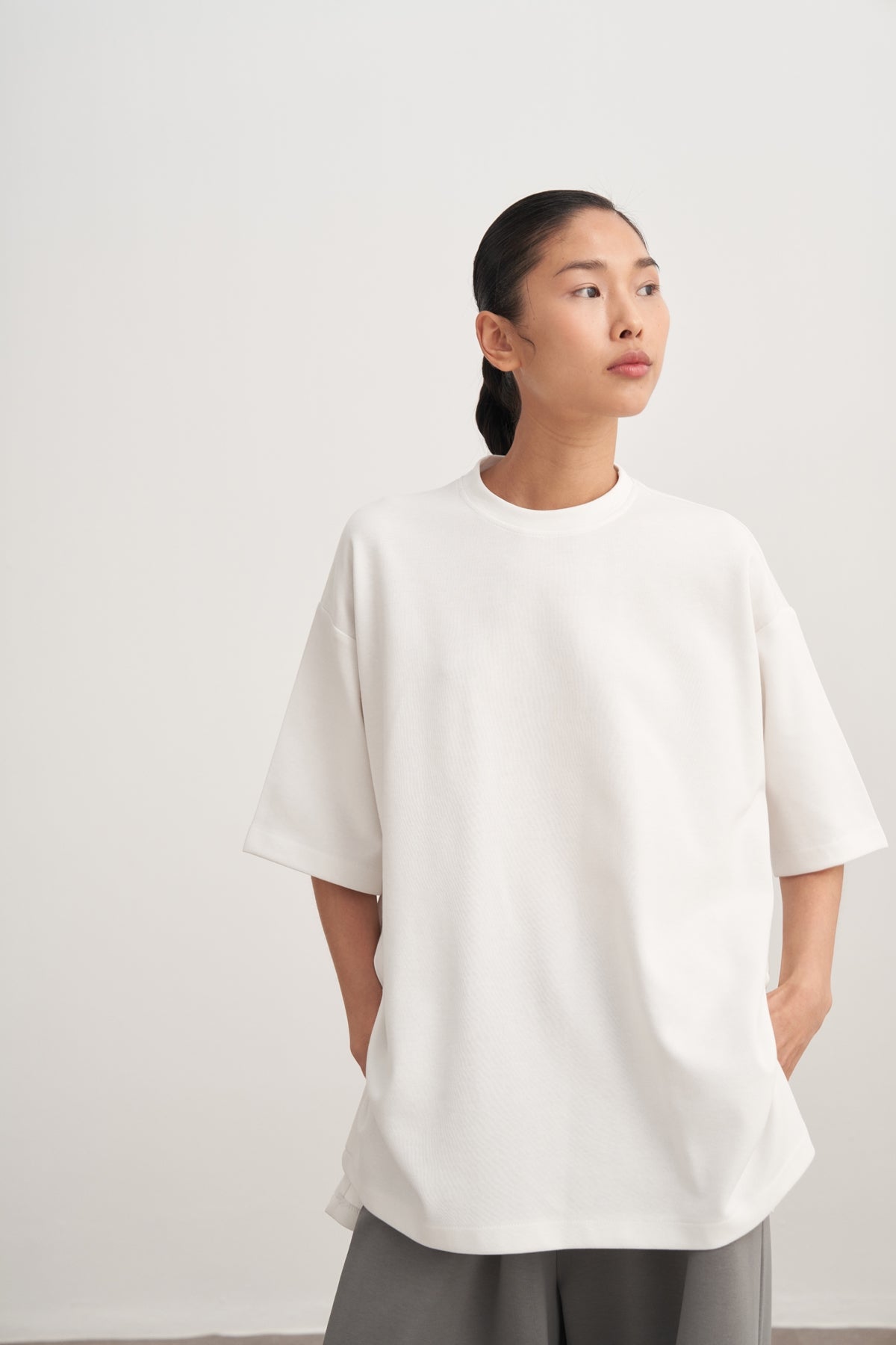 Kadın İnterlok Kısa Kol Oversize Tişört Ekru