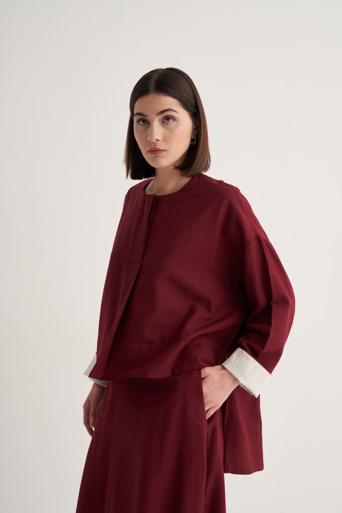 Kadın Dökümlü Pamuklu Önü Pileli Bluz Bordo