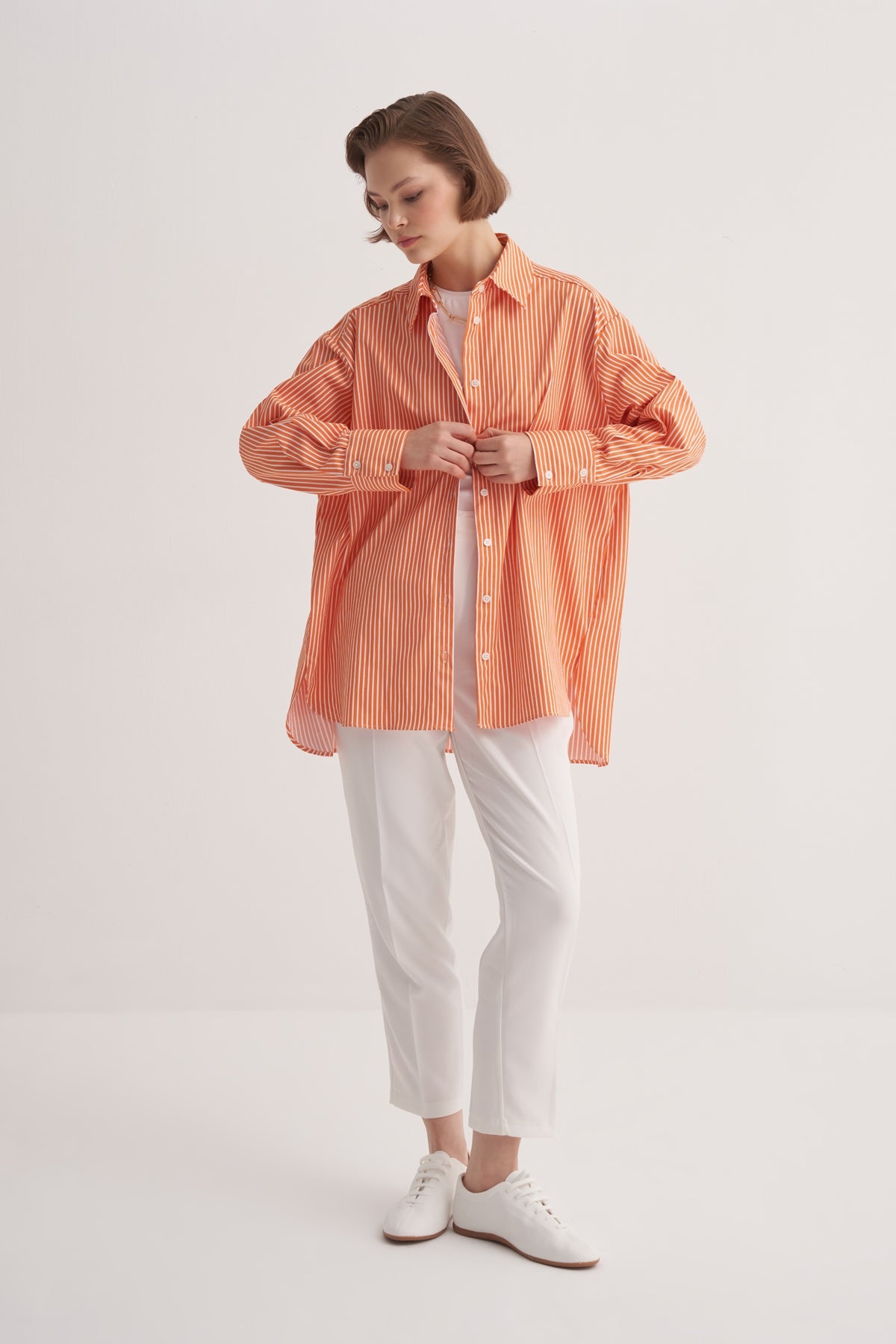 Kadın Poplin Oversize Robalı Gömlek Çizgili Turuncu