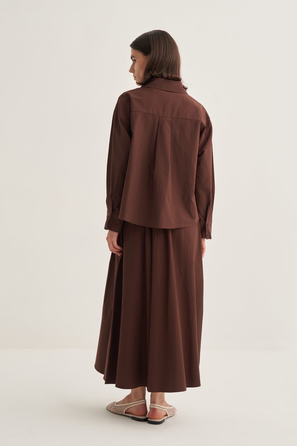 Kadın Poplin Oversize Kısa Gömlek Kahve