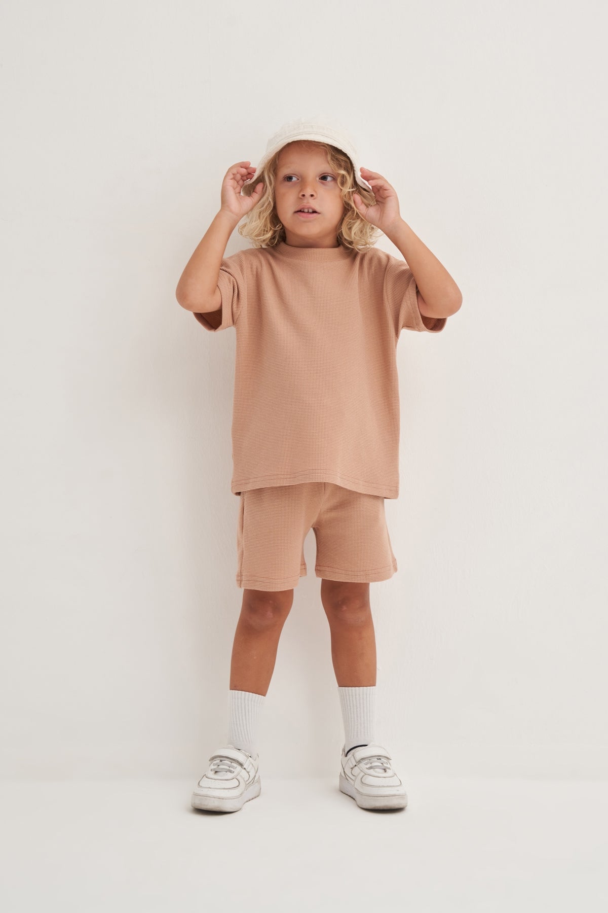 Unisex Çocuk Örme Waffle Takım Vizon