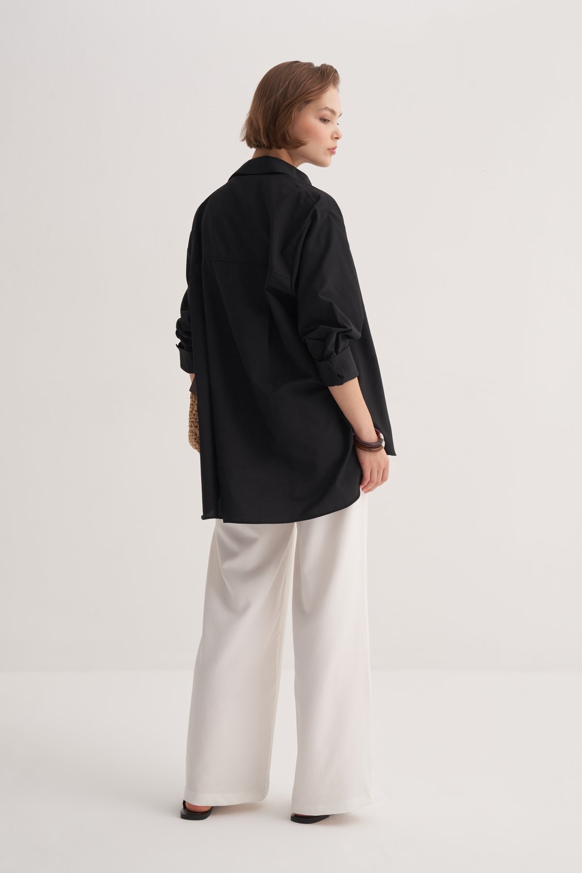 Kadın Poplin Oversize Robalı Gömlek Siyah