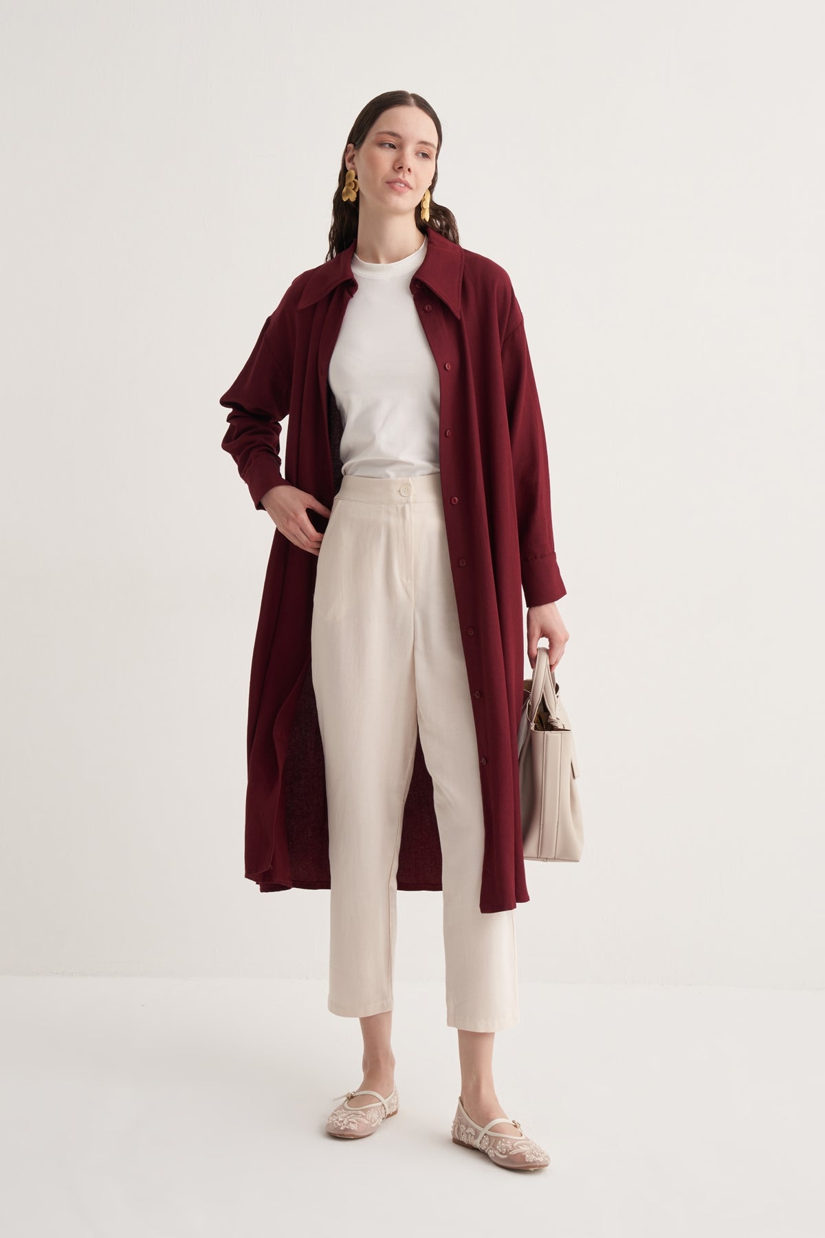 Kadın Dökümlü Pamuklu Oversize Uzun Gömlek Elbise Bordo