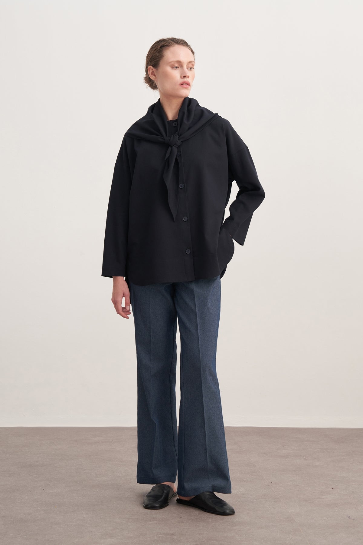 Kadın Gabardin Şal Aksesuarlı Gömlek Ceket Lacivert