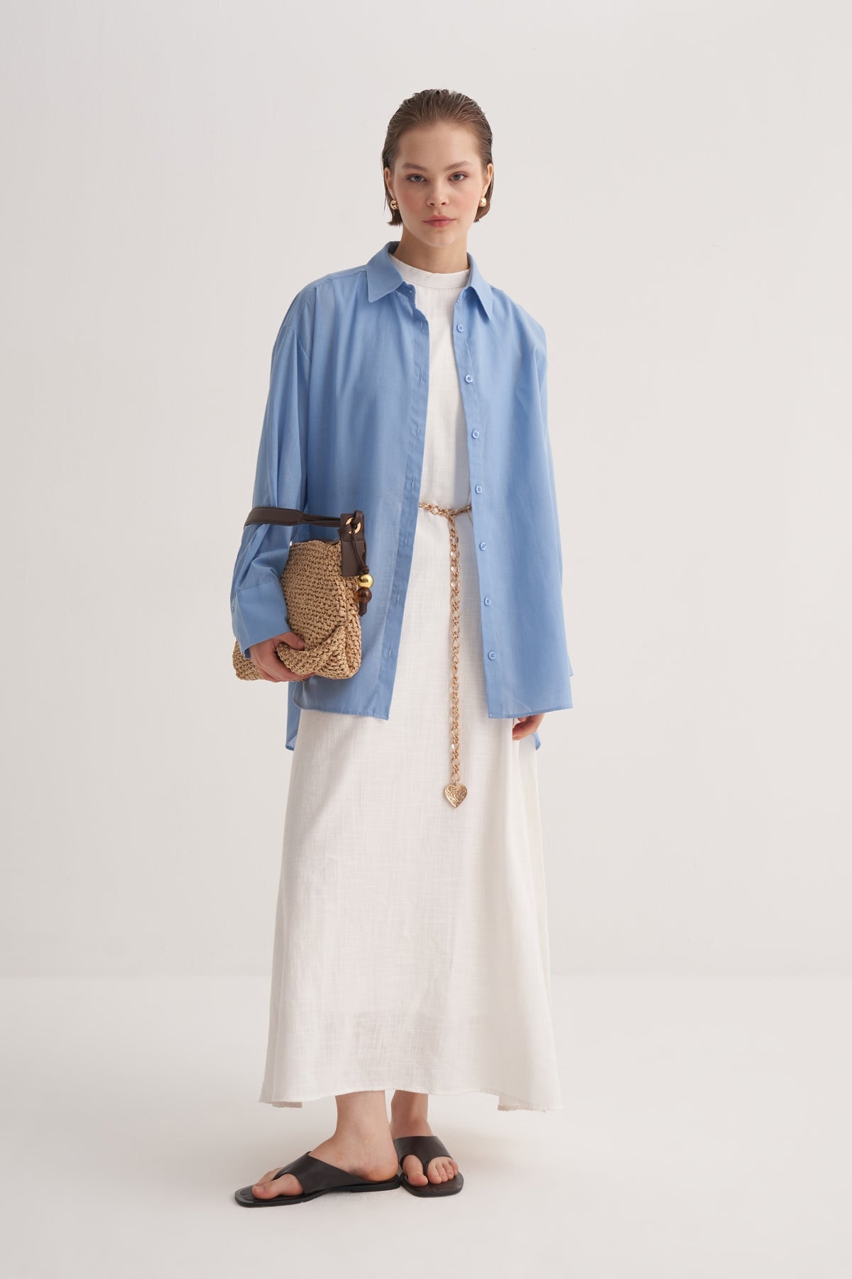 Kadın Organik Pamuklu Oversize Robalı Gömlek Mavi