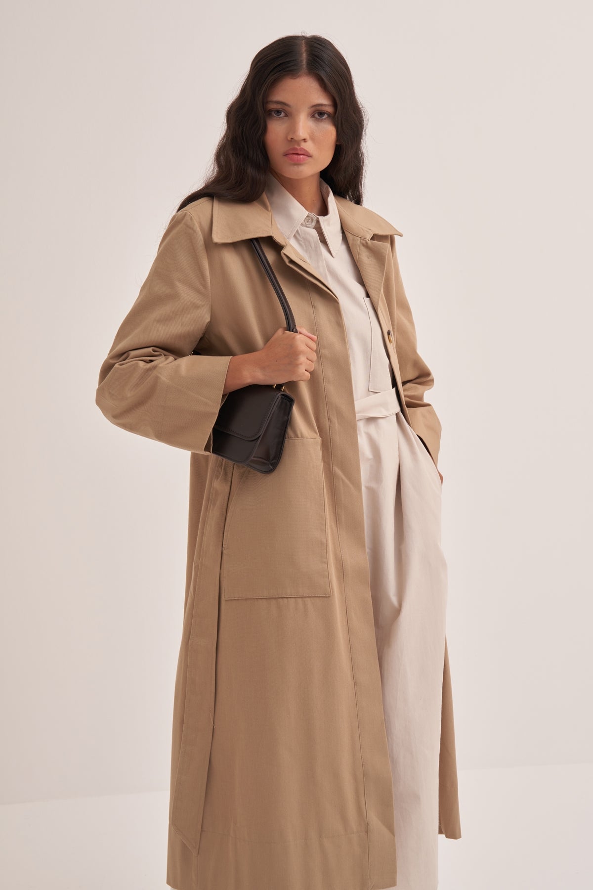 Kadın Oversize Düz Kapama Trençkot Camel