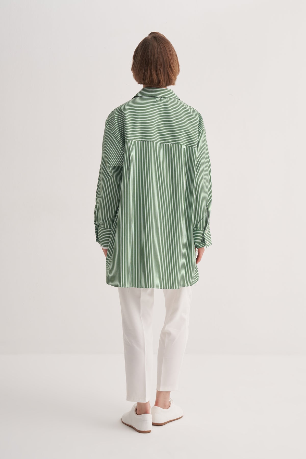 Kadın Poplin Oversize Robalı Gömlek Çizgili Yeşil